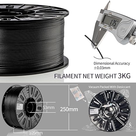 Carbon Fiber PETG 3D Printer Filament 1.75mm, 3 KG, Black