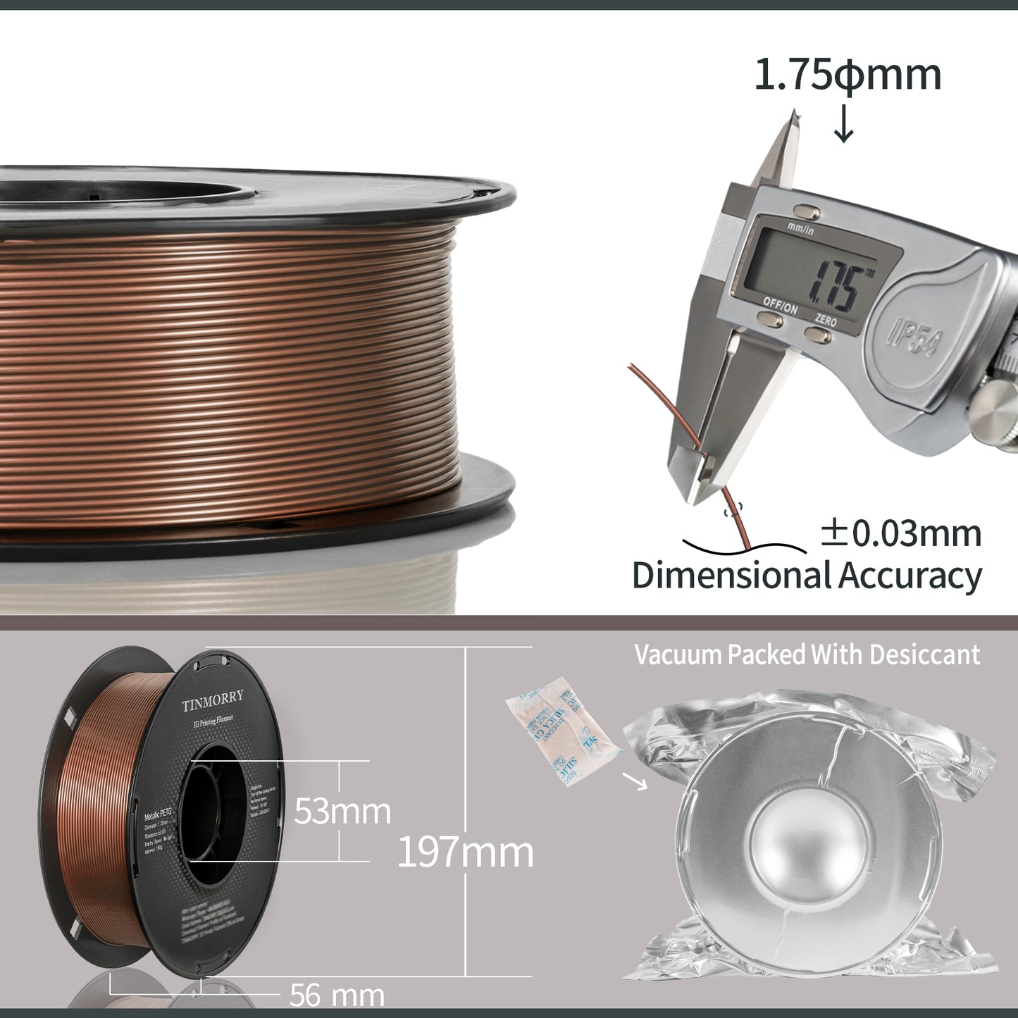 TINMORRY メタリック PETG フィラメント 1.75mm、PETG 3D プリント フィラメント、Bambu Lab FDM 3D プリンター対応、1 KG 1 スプール、メタリック ローズ ゴールド