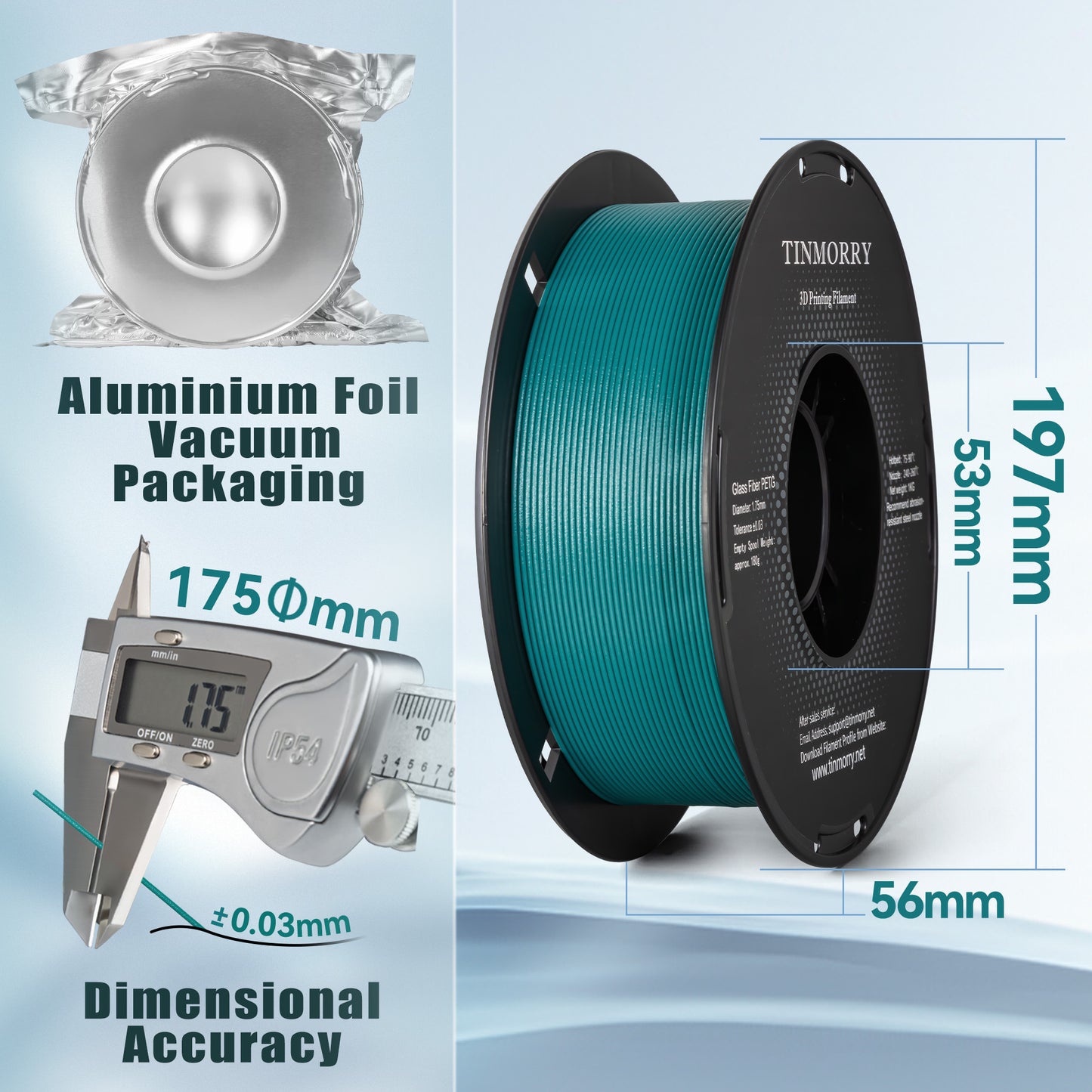 TINMORRY Glasfaserverstärktes PETG-Filament, hochschlagfestes PETG-GF-3D-Druckfilament, Langlebigkeit und Steifigkeit, perfekt kompatibel mit Bambu Lab FDM-3D-Drucker, 1 kg, 1 Spule, Wasserblau