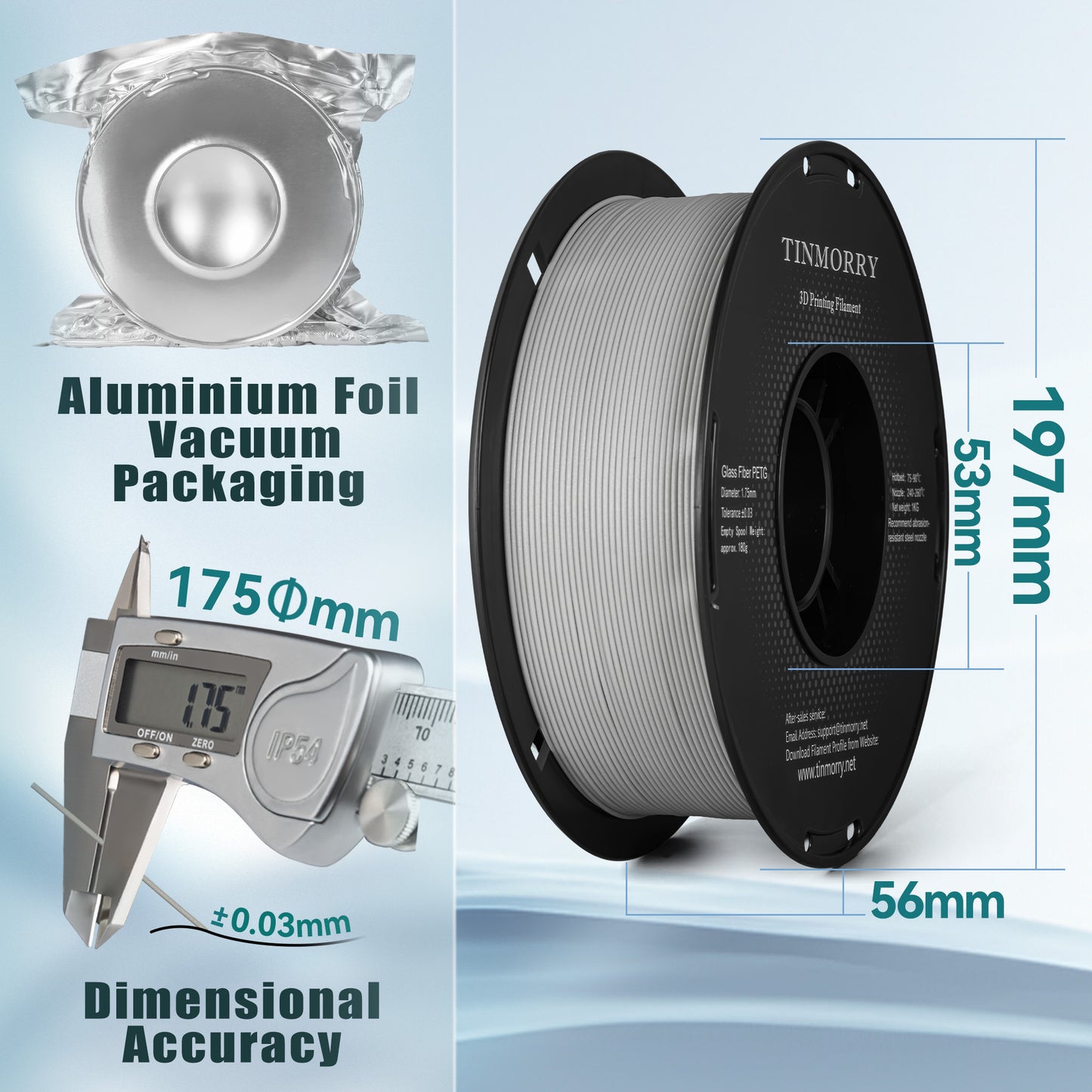TINMORRY Glasfaserverstärktes PETG-Filament, hochschlagfestes PETG-GF-3D-Druckfilament, Langlebigkeit und Steifigkeit, perfekt kompatibel mit Bambu Lab FDM-3D-Druckern, 1 kg, 1 Spule, Frosted Warmhellgrau
