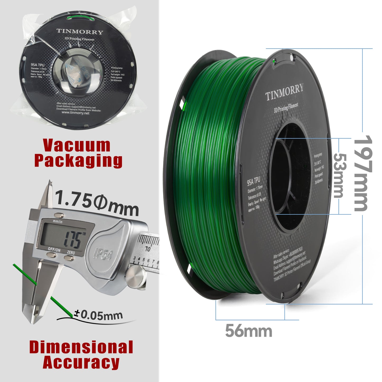 95A TPU 3D Printer Filament 1.75mm, 1 KG, Transparent Emerald Green