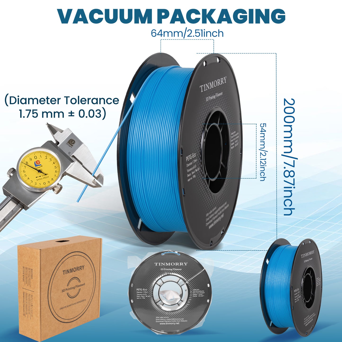 TINMORRY PETG-Filament 1,75 mm, Rapid PETG-Eco 3D-Druckfilament, kompatibel mit Bambu Lab/Creality K1C / FLASHFORGE Adventurer 5M FDM 3D-Drucker, 1 kg 1 Spule, Himmelblau