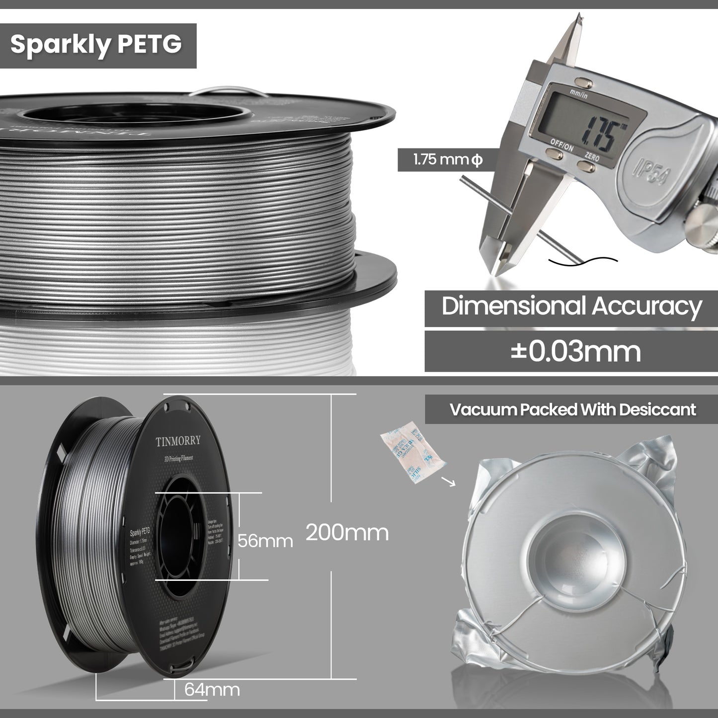 Sparkly PETG 3D Printer Filament 1.75mm, 1 KG, Sparkly Silver