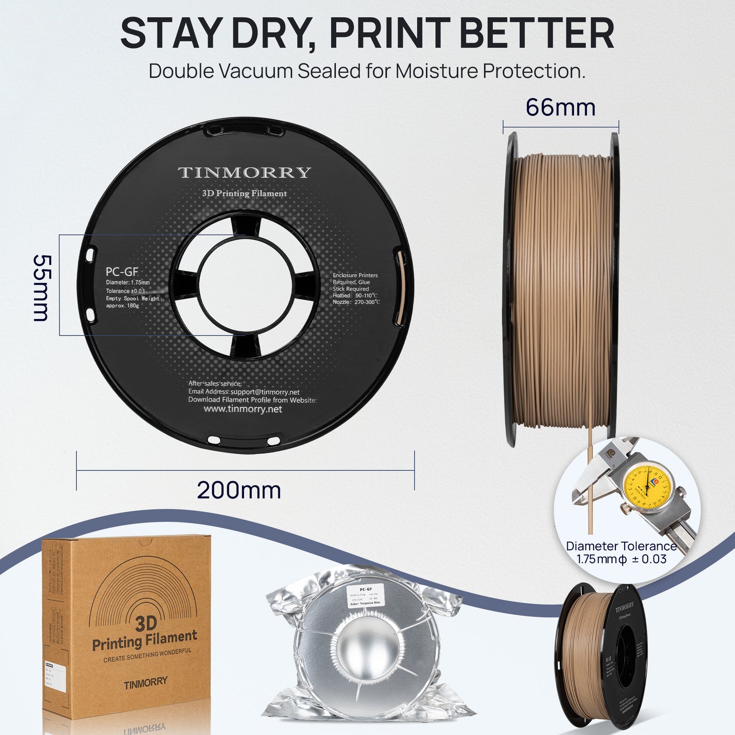 Glass Fiber PC 3D Printer Filament 1.75mm, 1 KG, Apricot