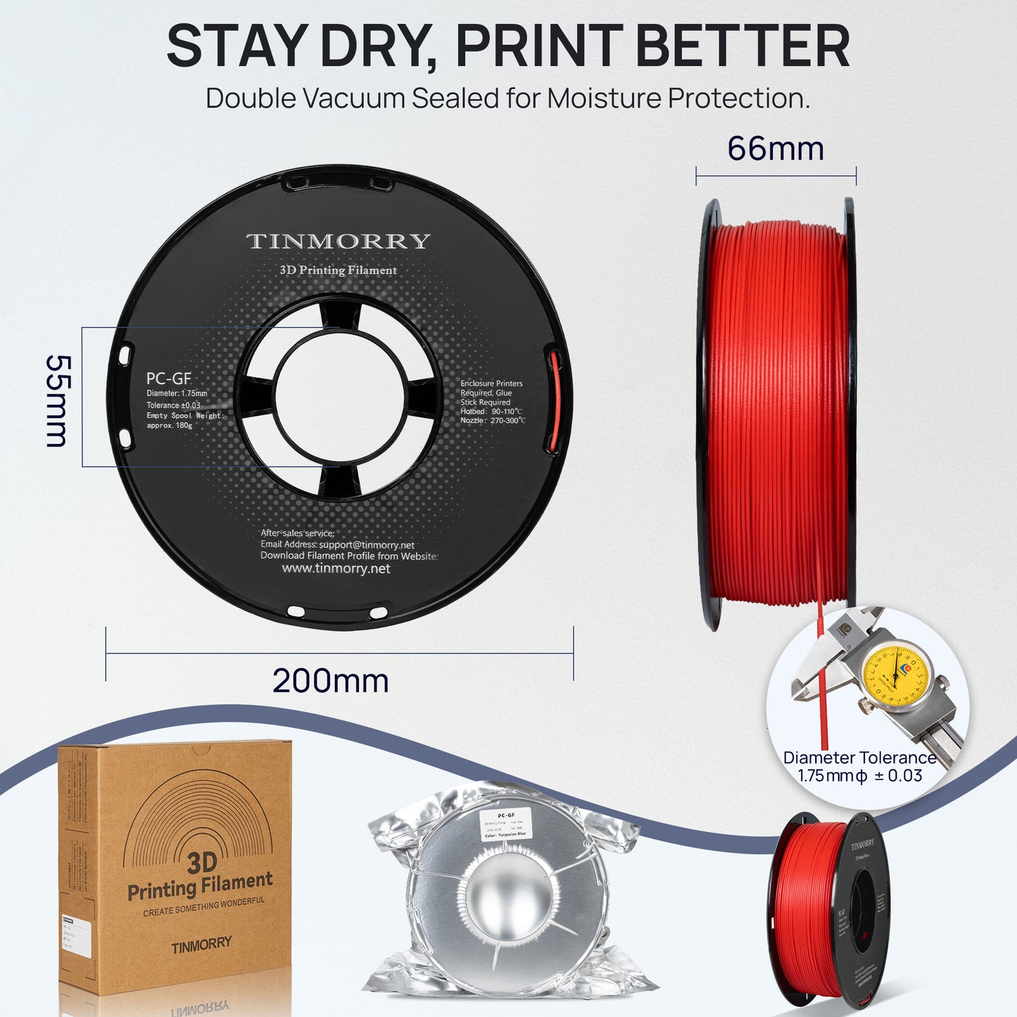 Glass Fiber PC 3D Printer Filament 1.75mm, 1 KG, Traffic Red
