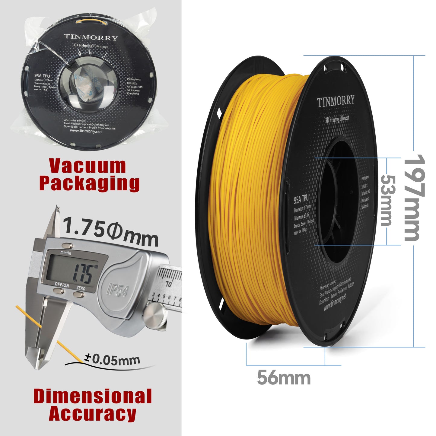 95A TPU 3D Printer Filament 1.75mm, 1 KG, Traffic Yellow