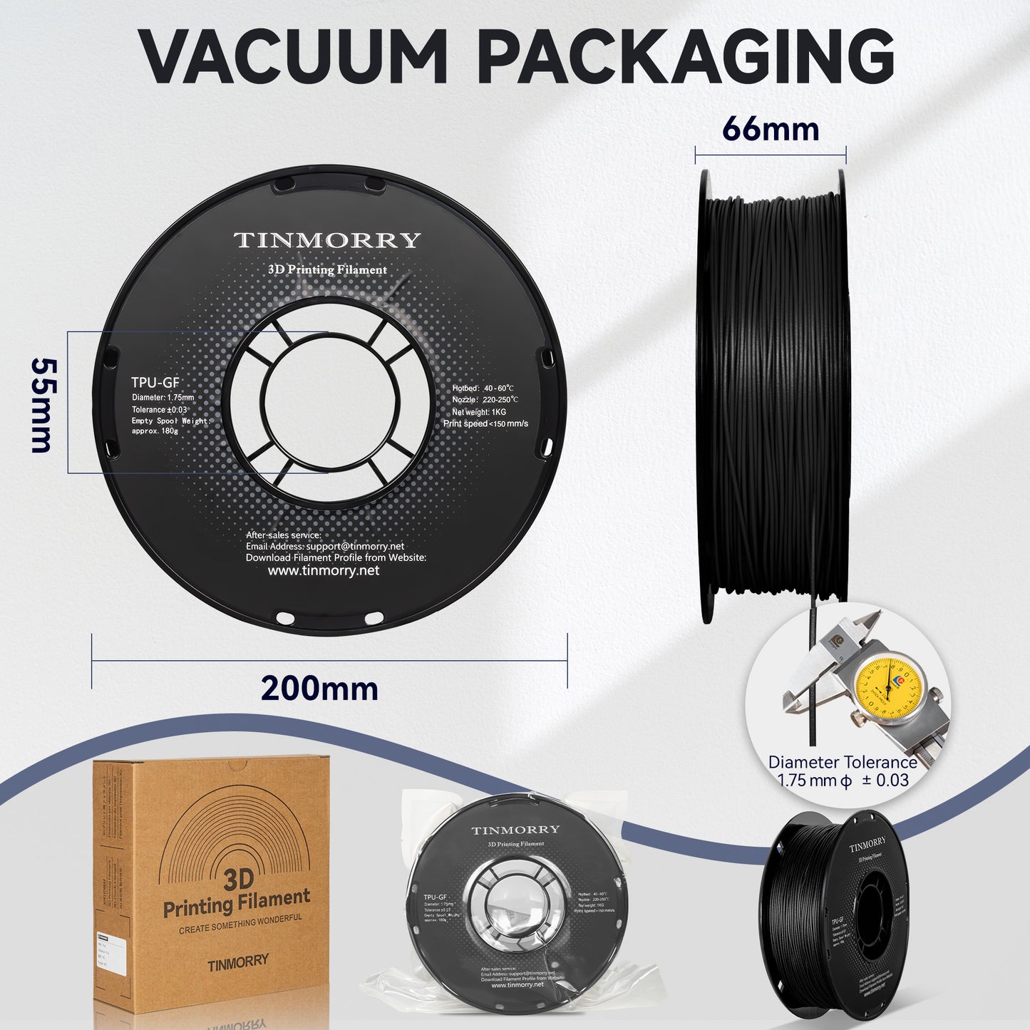 Glass Fiber TPU Filament 1.75mm, 1 KG, Black