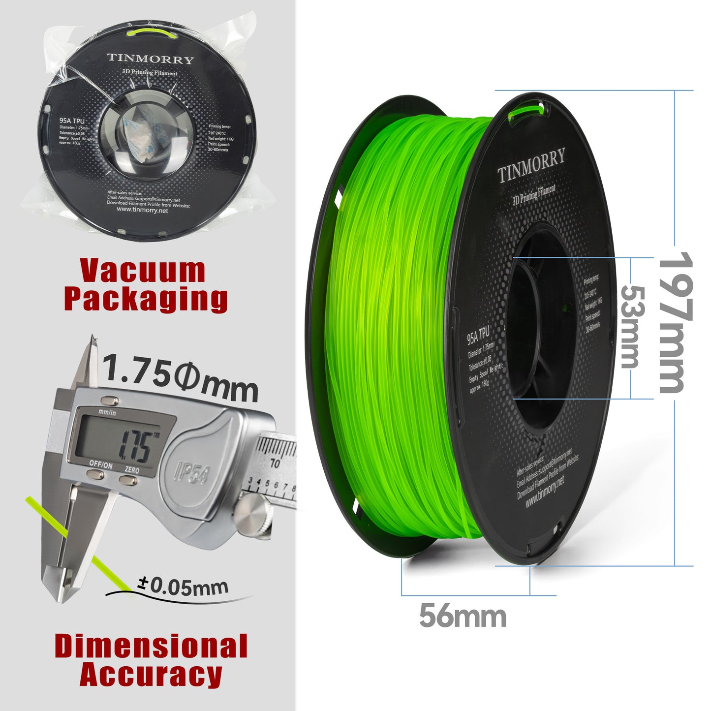 95A TPU 3D Printer Filament 1.75mm, 1 KG, Transparent Green
