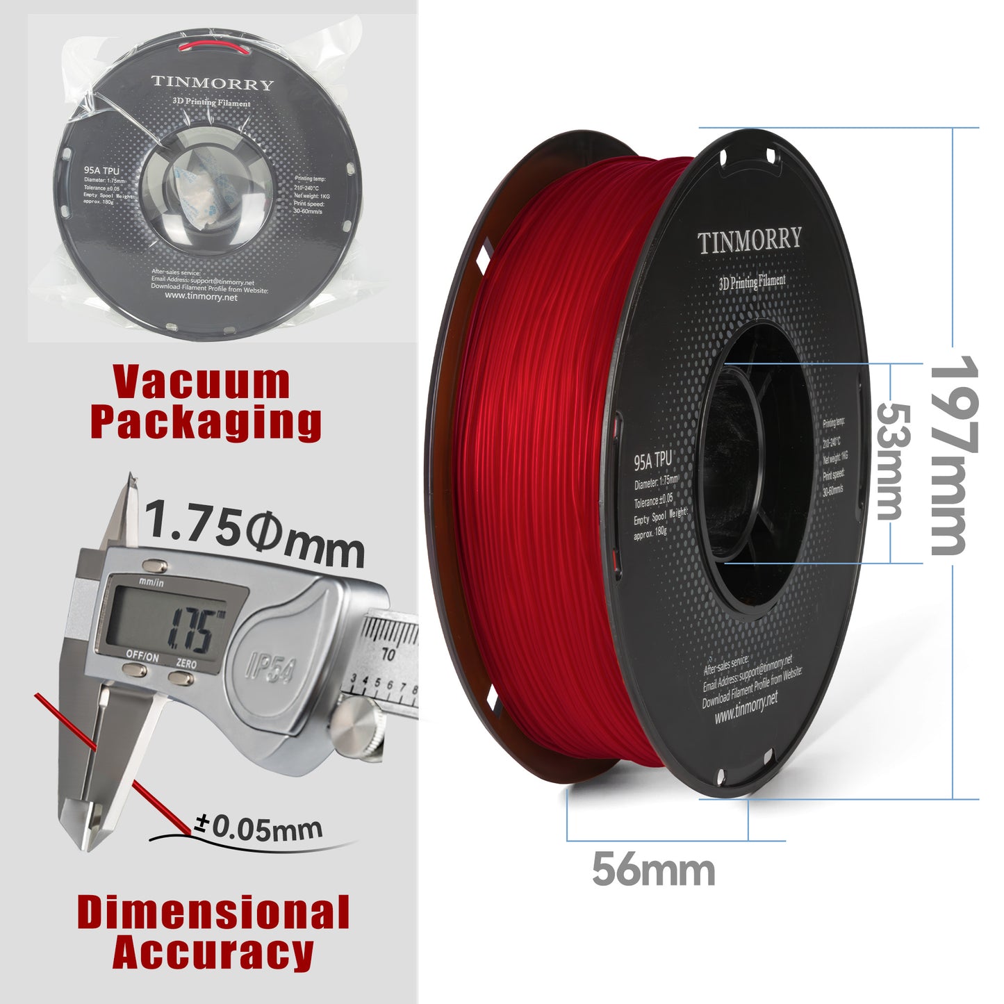 95A TPU 3D Printer Filament 1.75mm, 1 KG, Transparent Red