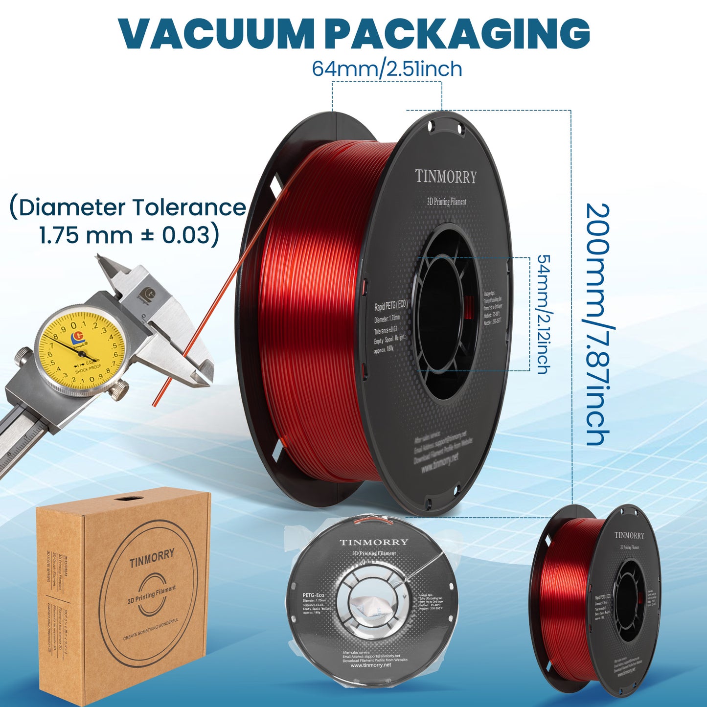 TINMORRY PETG-Filament 1,75 mm, Rapid PETG-Eco 3D-Druckfilament, kompatibel mit Bambu Lab/Creality K1C / FLASHFORGE Adventurer 5M FDM 3D-Drucker, 1 kg 1 Spule, Transparentrot