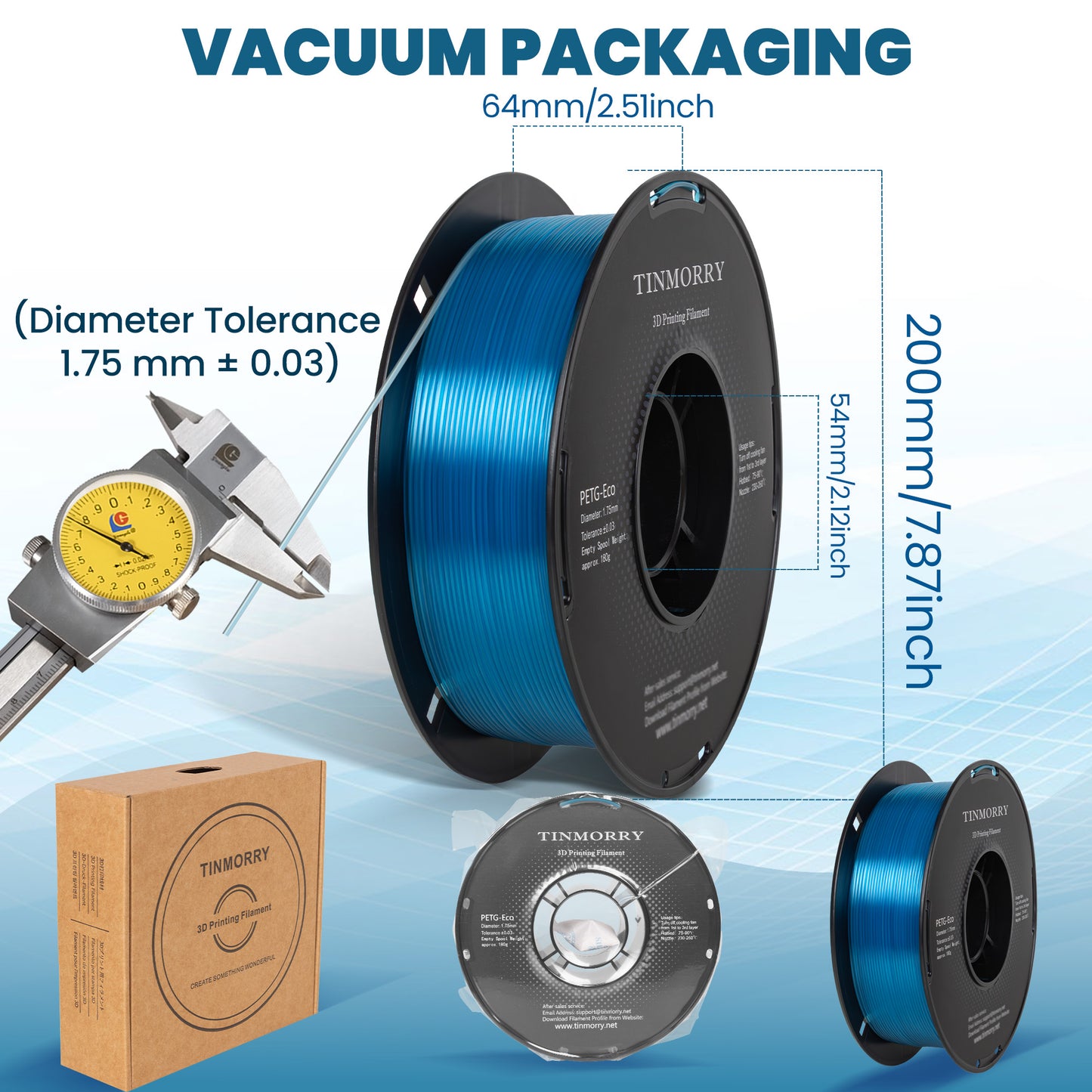 TINMORRY PETG-Filament 1,75 mm, Rapid PETG-Eco 3D-Druckfilament, kompatibel mit Bambu Lab/Creality K1C / FLASHFORGE Adventurer 5M FDM 3D-Drucker, 1 kg 1 Spule, Transparentblau