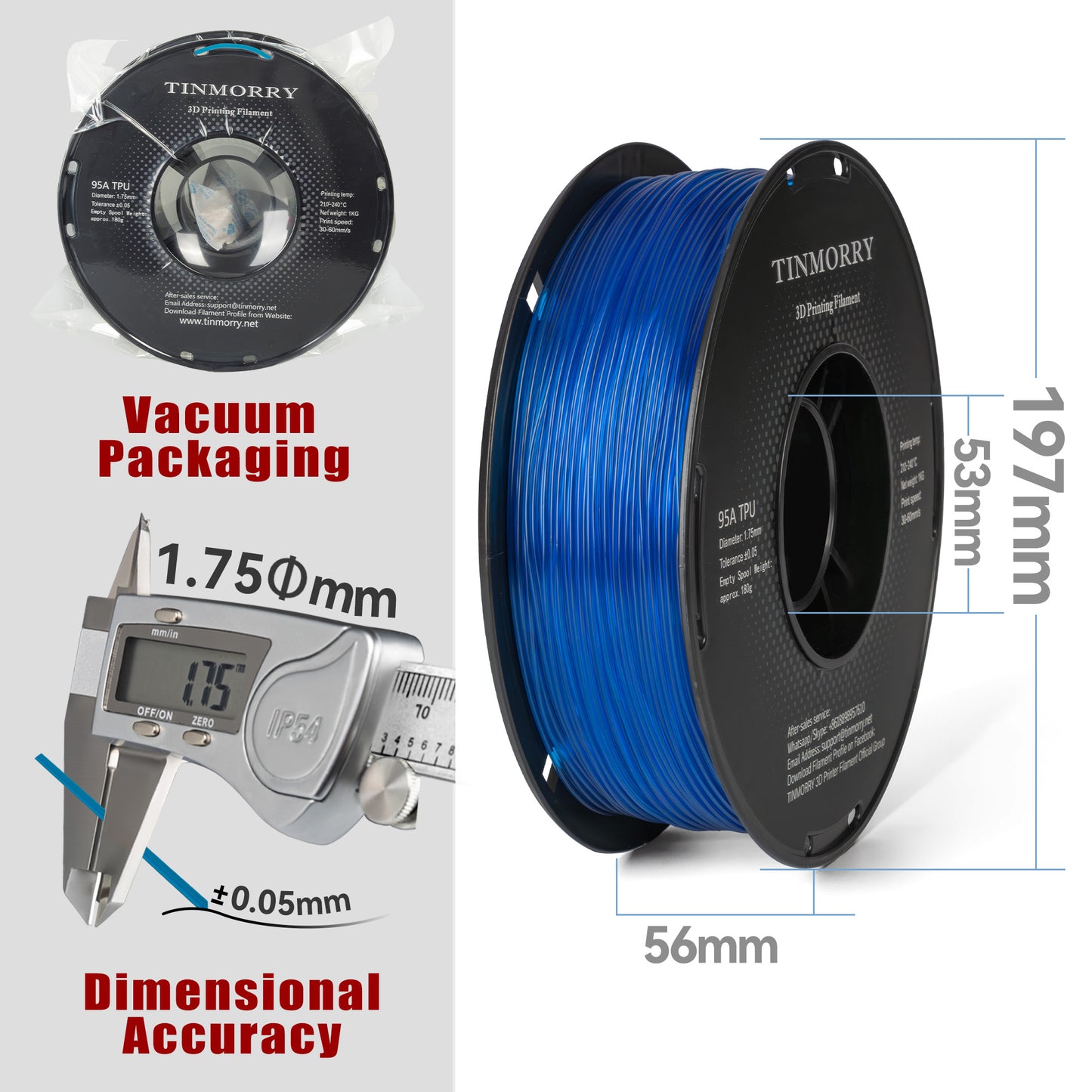 95A TPU 3D Printer Filament 1.75mm, 1 KG, Transparent Blue