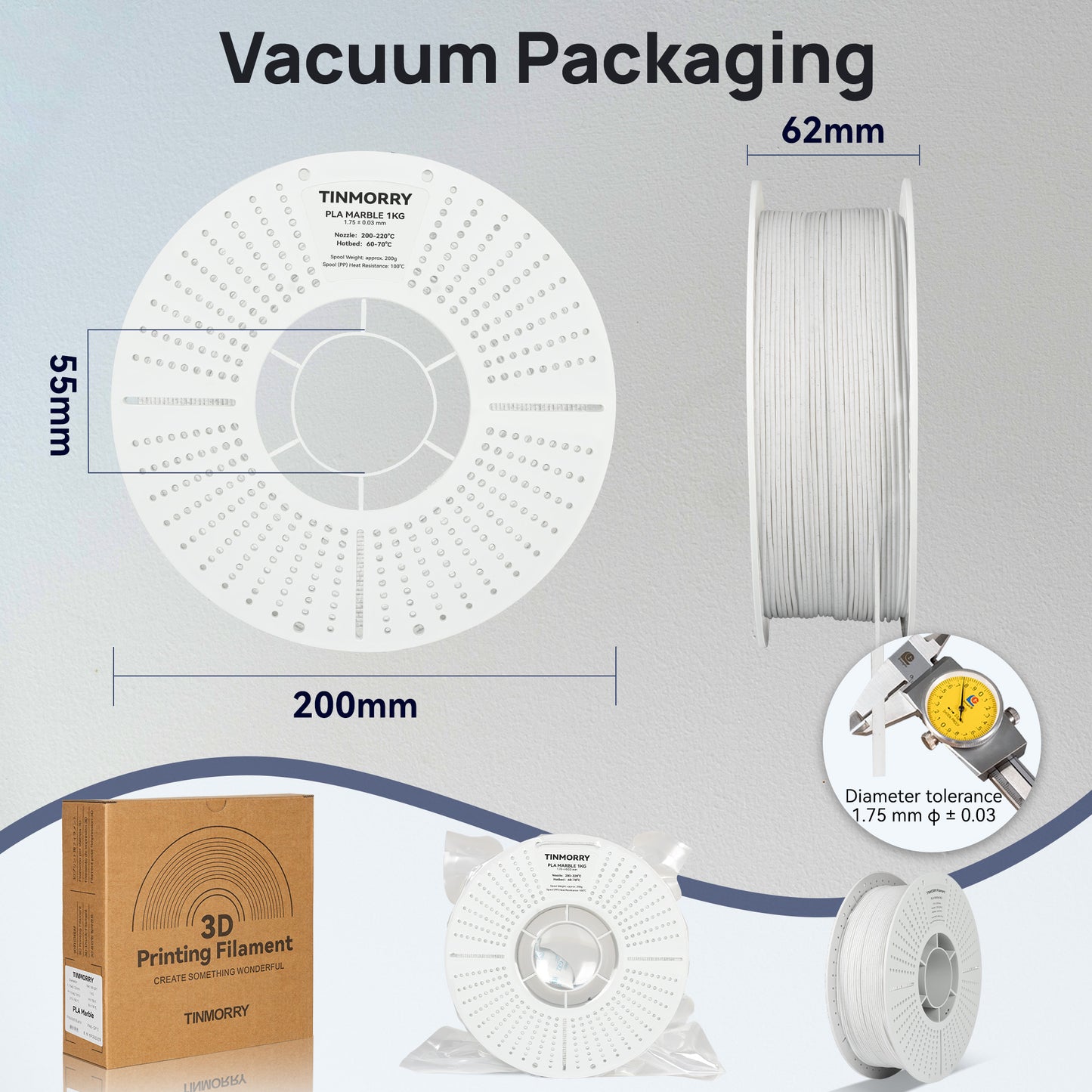 Marble PLA 3D Printer Filament 1.75mm, 1 KG, White