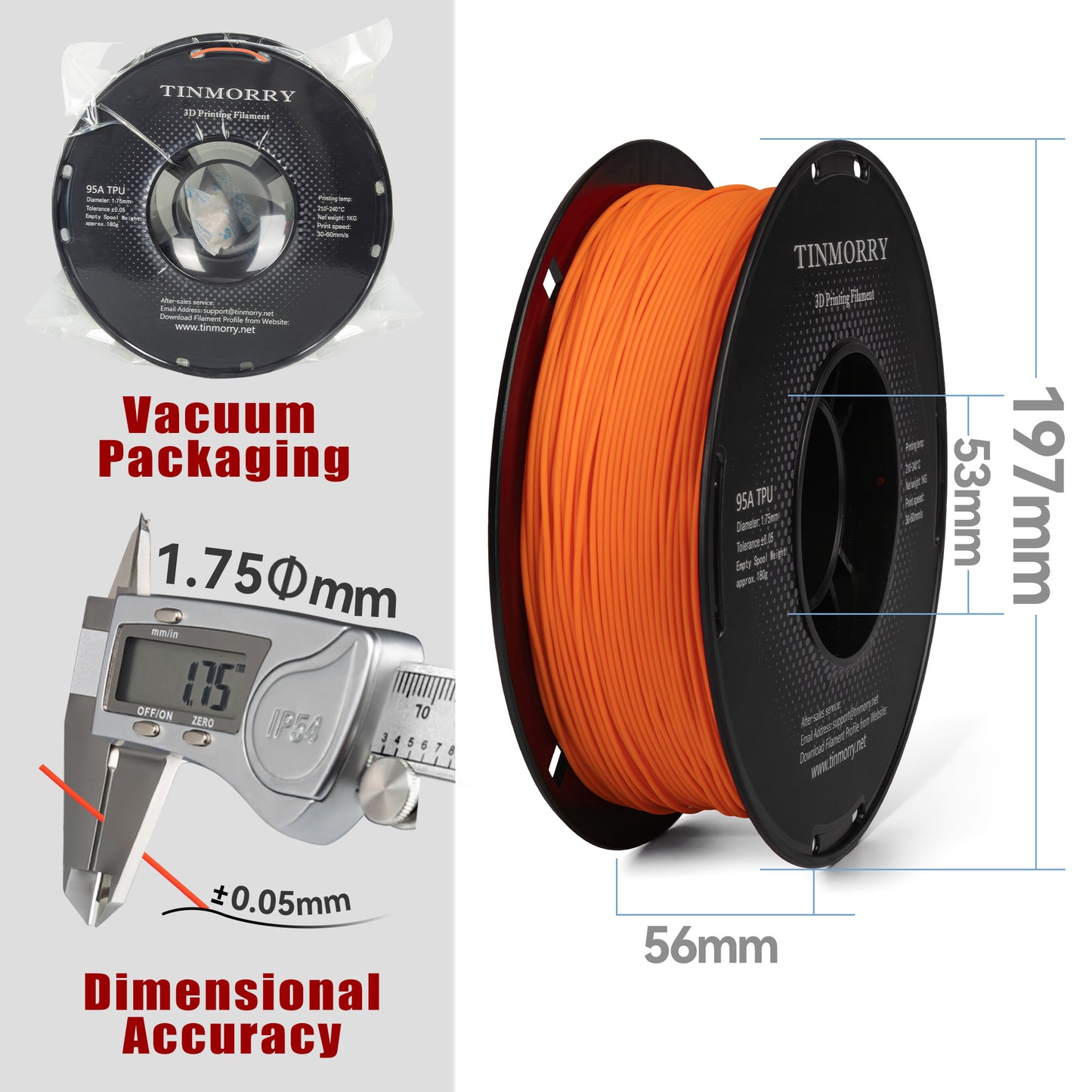 95A TPU 3D Printer Filament 1.75mm, 1 KG, Fire Safety Orange