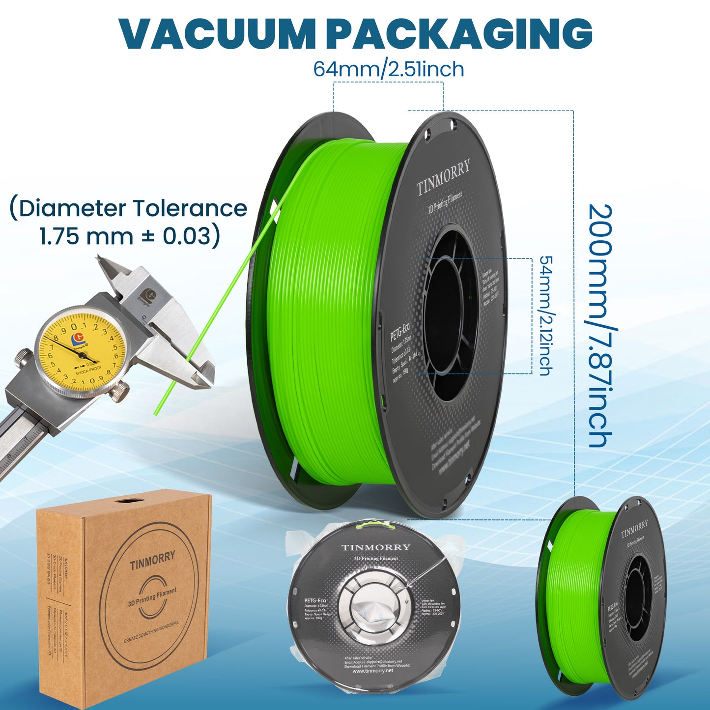 TINMORRY PETG-Filament 1,75 mm, Rapid PETG-Eco 3D-Druckfilament, kompatibel mit Bambu Lab/Creality K1C / FLASHFORGE Adventurer 5M FDM 3D-Drucker, 1 kg 1 Spule, fluoreszierendes Grün