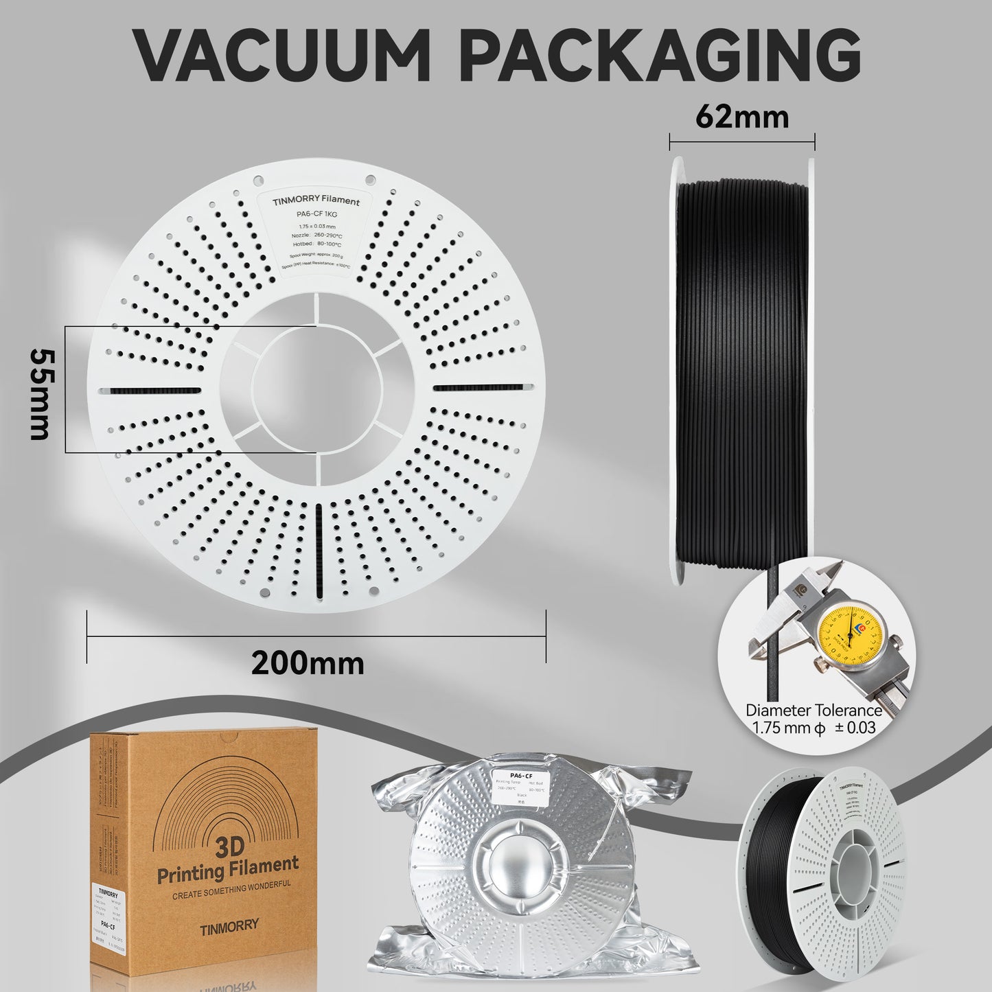 Carbon Fiber PA6 3D Printer Filament 1.75mm(approx. 5% Carbon Fiber Content), 1 KG, Black