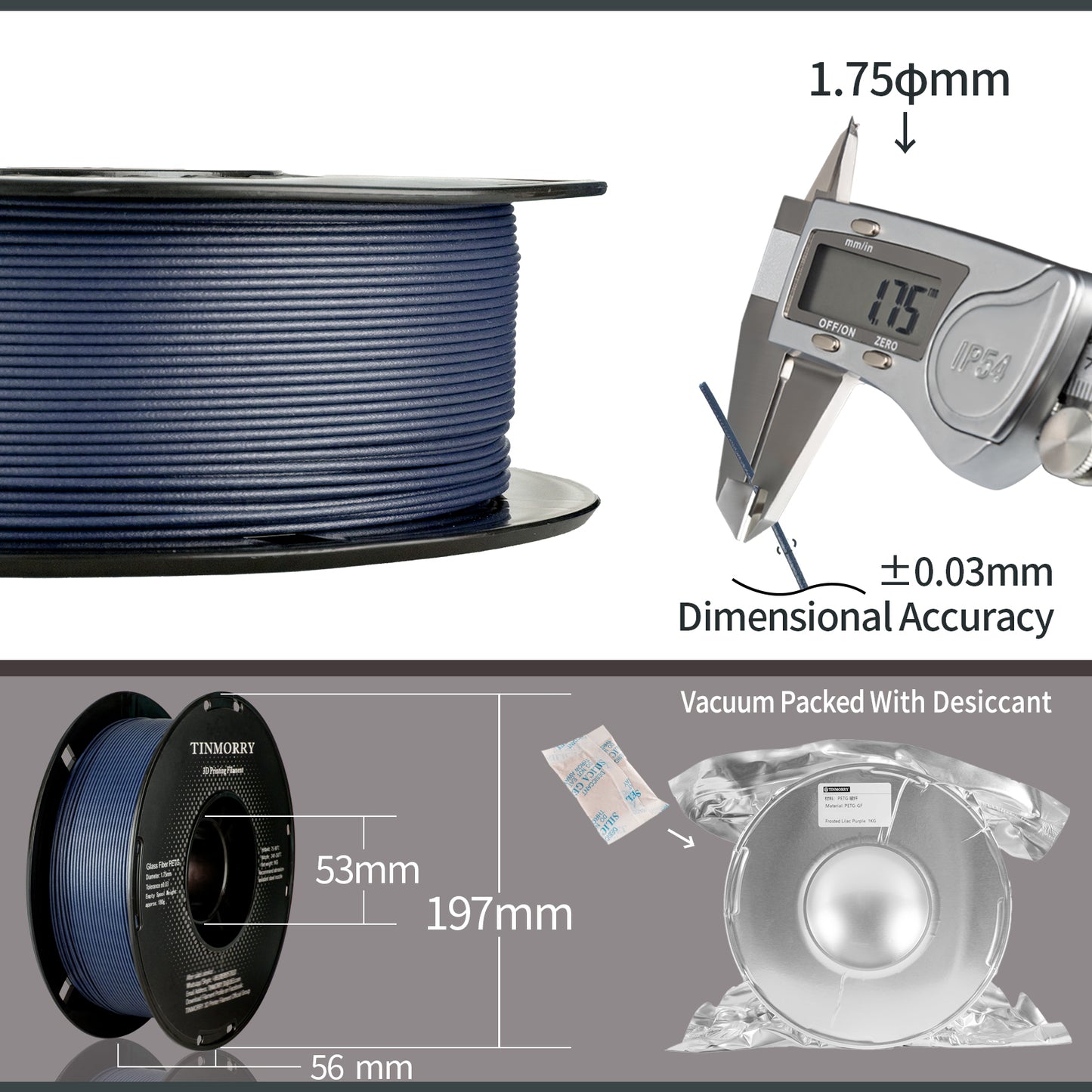 TINMORRY Glasfaserverstärktes PETG-Filament, hochschlagfestes PETG-GF-3D-Druckfilament, Haltbarkeit und Steifheit, perfekt kompatibel mit Bambu Lab FDM-3D-Drucker, 1 kg, 1 Spule, Frosted Marineblau
