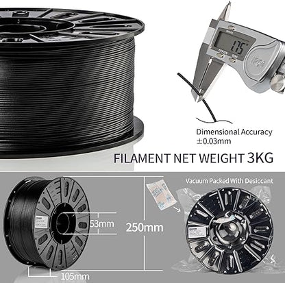 Carbon Fiber PETG 3D Printer Filament 1.75mm, 3 KG, Black