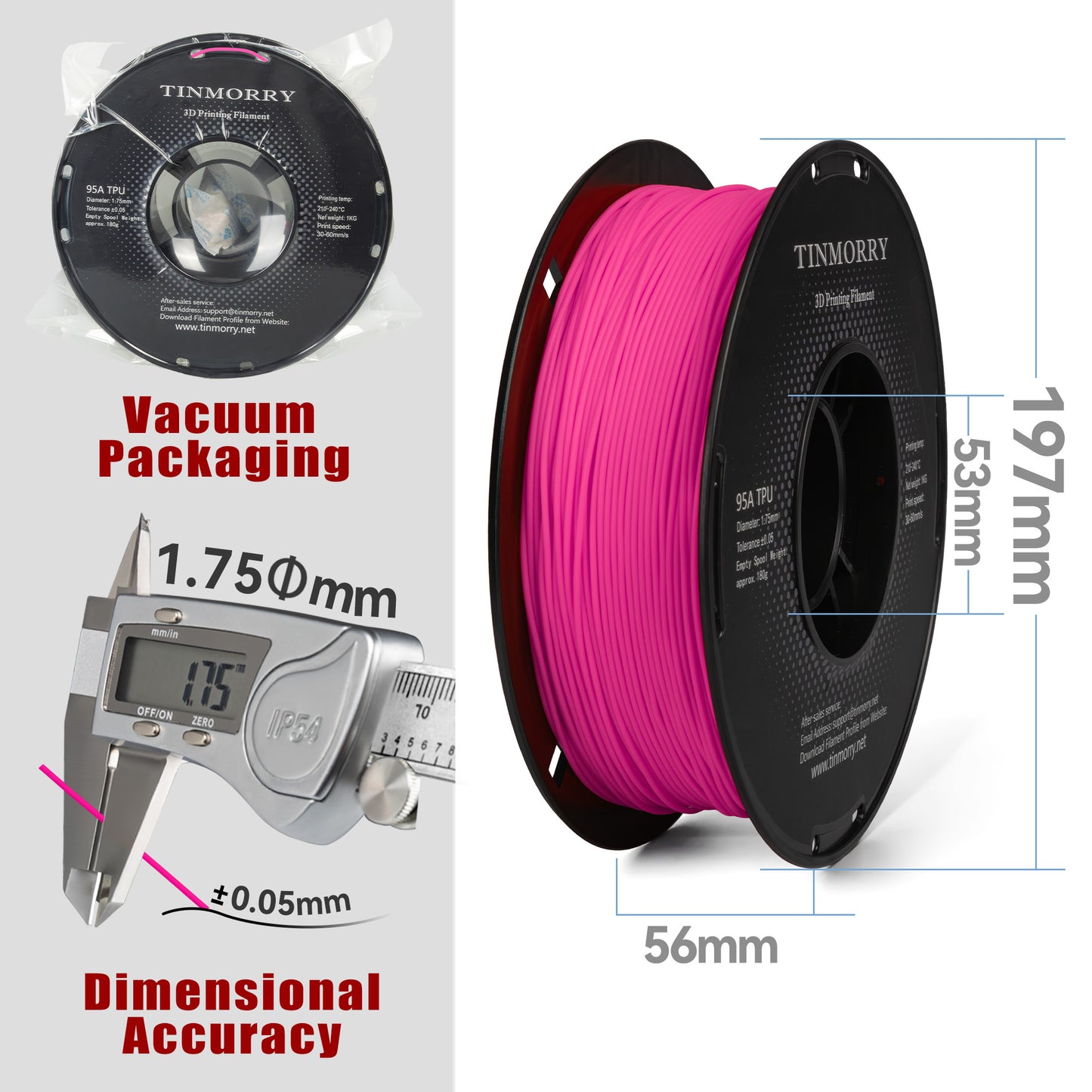 95A TPU 3D Printer Filament 1.75mm, 1 KG, Fluorescent Rose Red