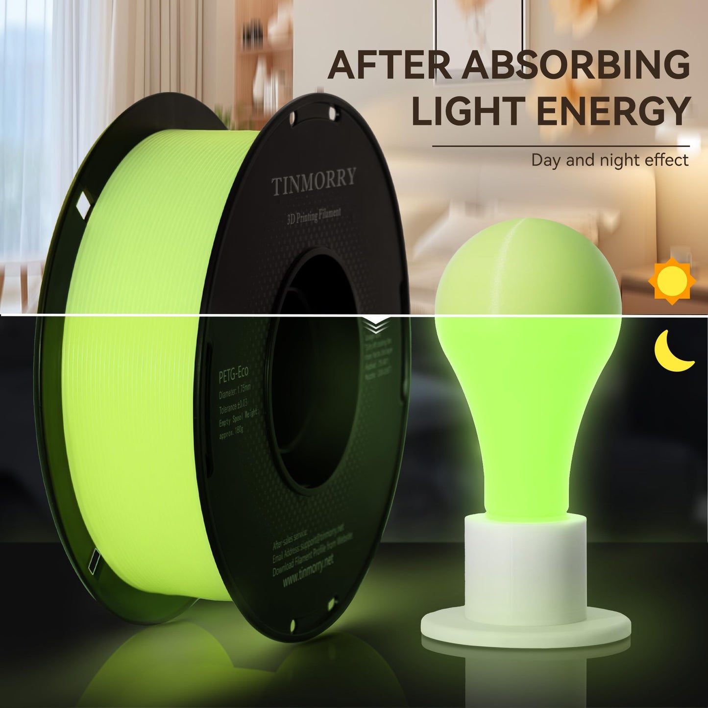 Glowing PETG 3D Printer Filament 1.75mm, 1 KG, Glow Yellow Green