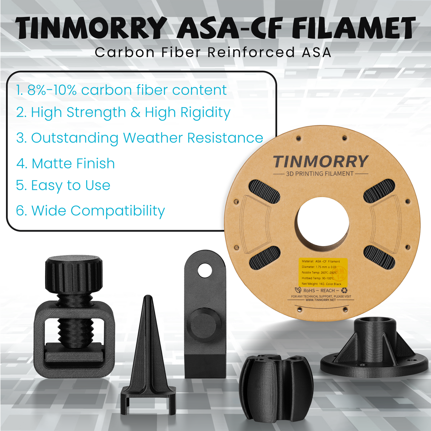 Carbon Fiber ASA 3D Printer Filament 1.75mm, 1 KG, Black