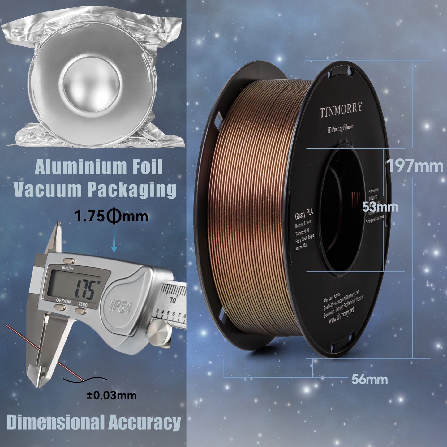 TINMORRY PLA-Filament 1,75 mm, 3D-Drucker-Filament, Maßgenauigkeit +/- 0,03 mm, 1 kg Spule, kompatibel mit Bambu FDM 3D-Drucker, Galaxy Brown