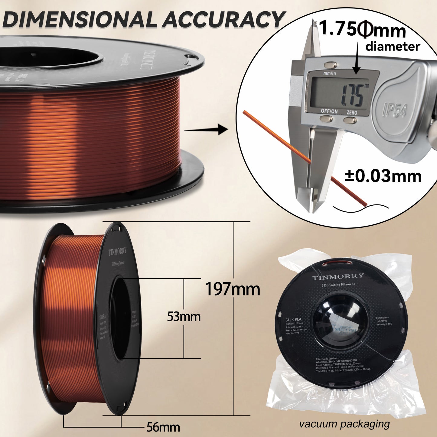 Silk PLA 3D Printer Filament 1.75mm, 1 KG, Silk Copper