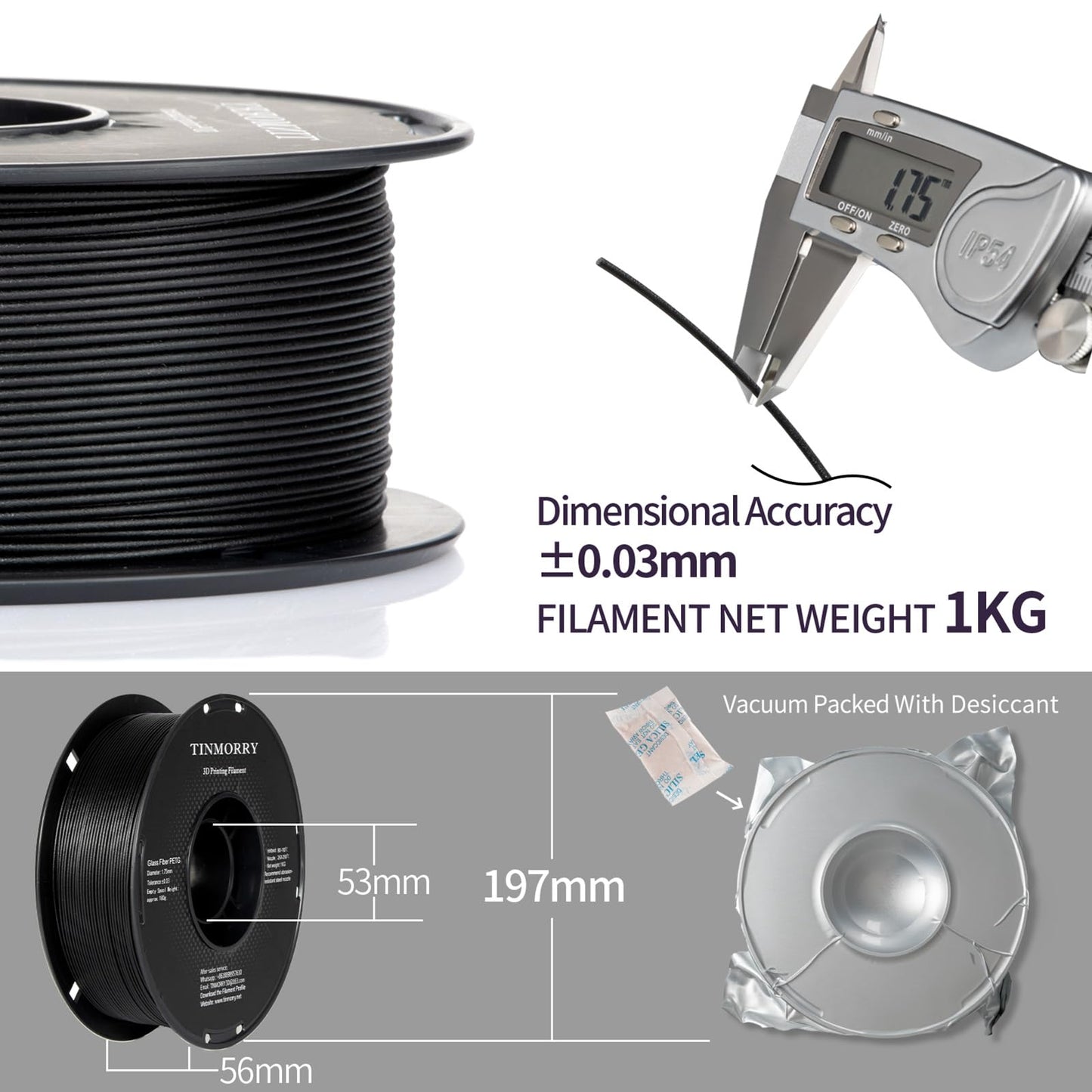 Glass Fiber PETG Filament Pack, 3 KG 1 Spool, Black