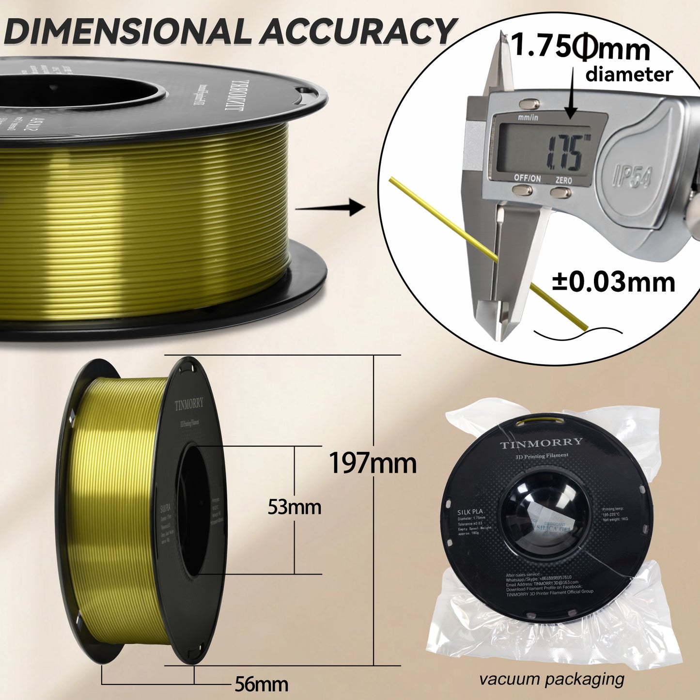 Silk PLA 3D Printer Filament 1.75mm, 1 KG, Light Gold