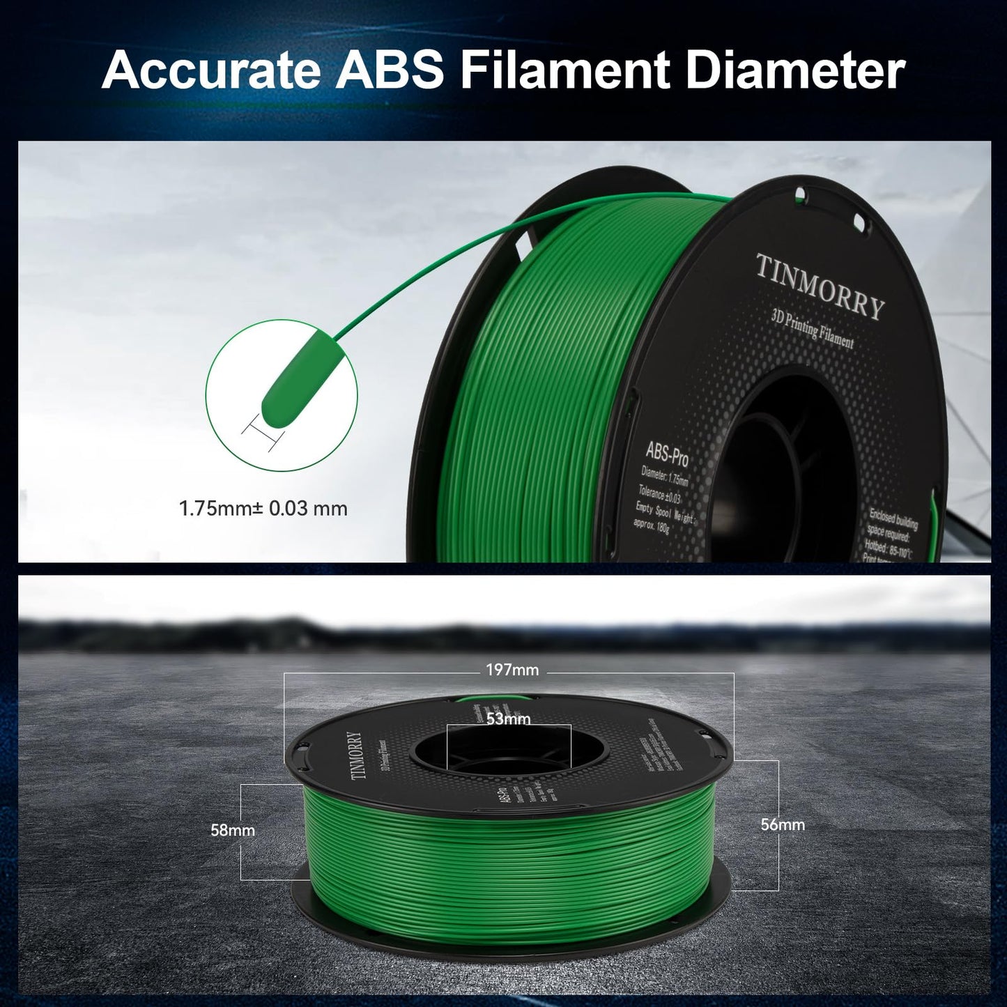 TINMORRY ABS Filament 1.75mm, ABS (Pro) 3D Drucker Filament 1KG, gute Hitzebeständigkeit, stark & haltbar, Maßgenauigkeit ±0.03mm, Grün