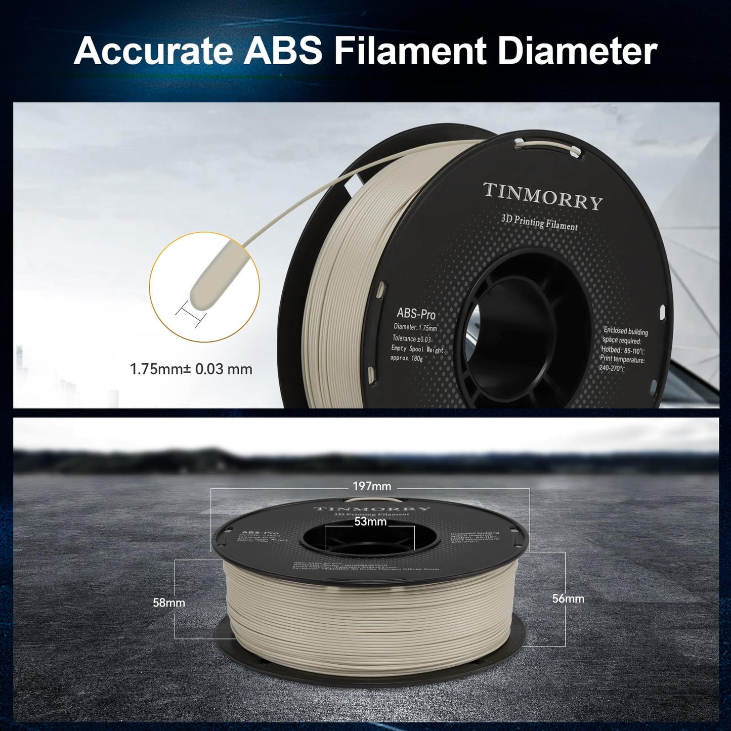 TINMORRY ABS Filament 1.75mm, ABS (Pro) 3D Drucker Filament 1KG, gute Hitzebeständigkeit, stark & haltbar, Maßgenauigkeit ±0.03mm, Warm Grau