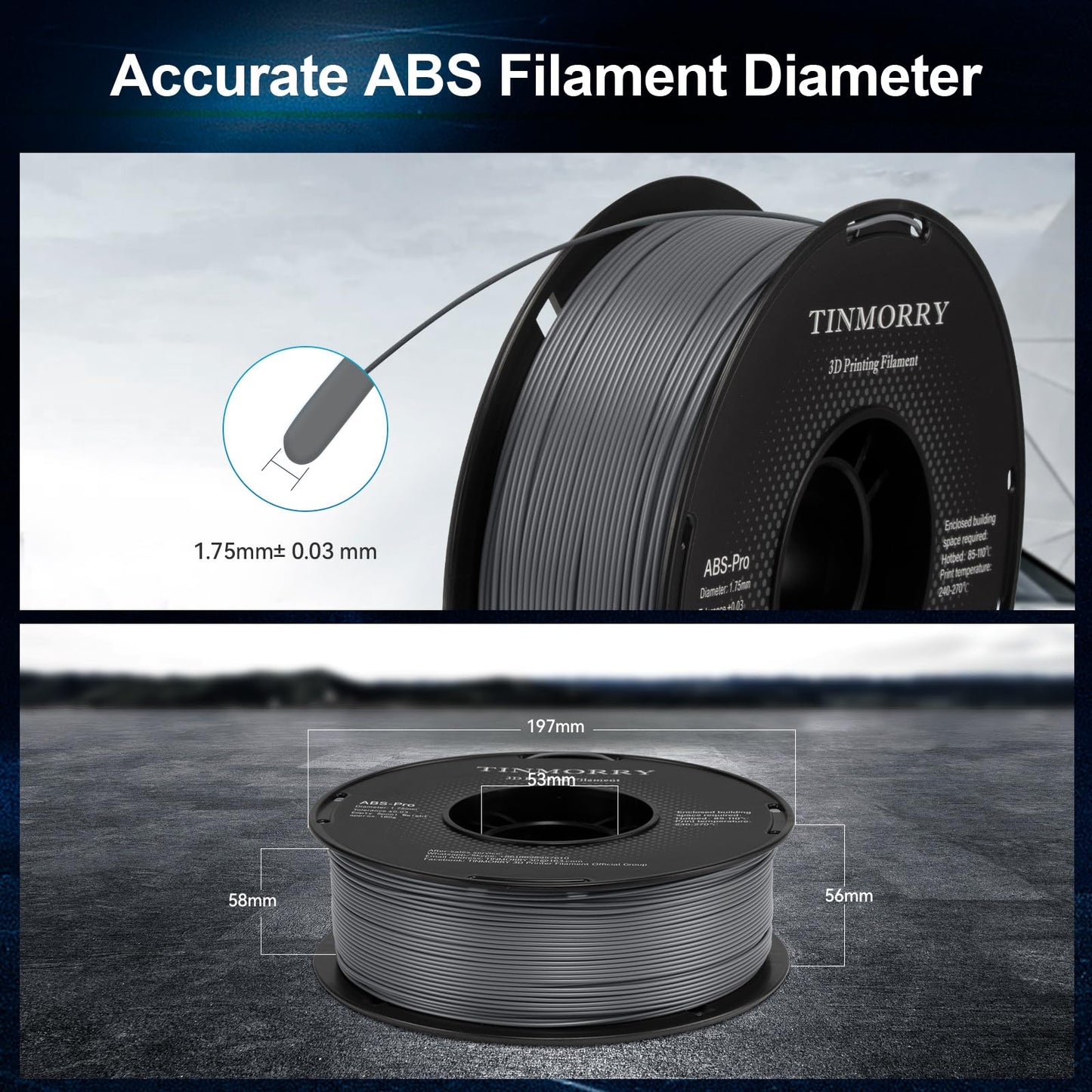 ABS-Pro 3D Printer Filament 1.75mm, 1 KG, Cool Grey