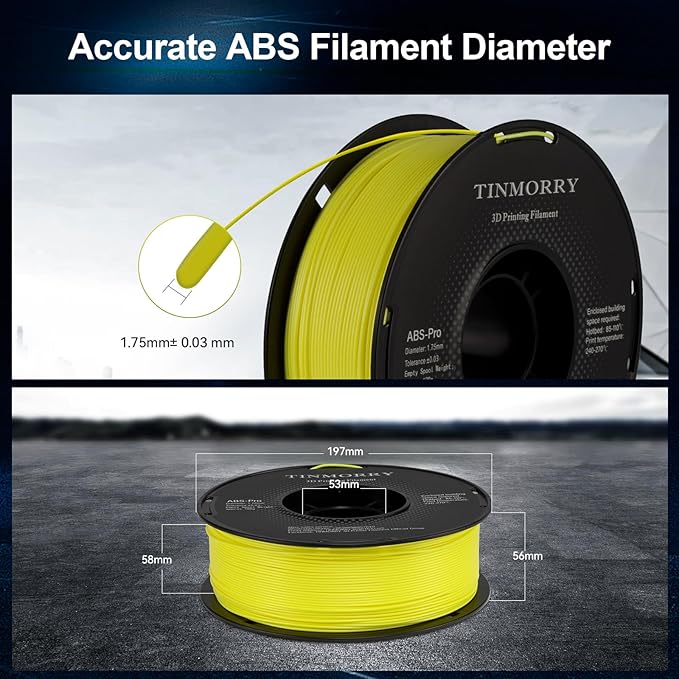 TINMORRY ABS Filament 1.75mm, ABS (Pro) 3D Drucker Filament 1KG, gute Hitzebeständigkeit, stark & haltbar, Maßgenauigkeit ±0.03mm, Gelb