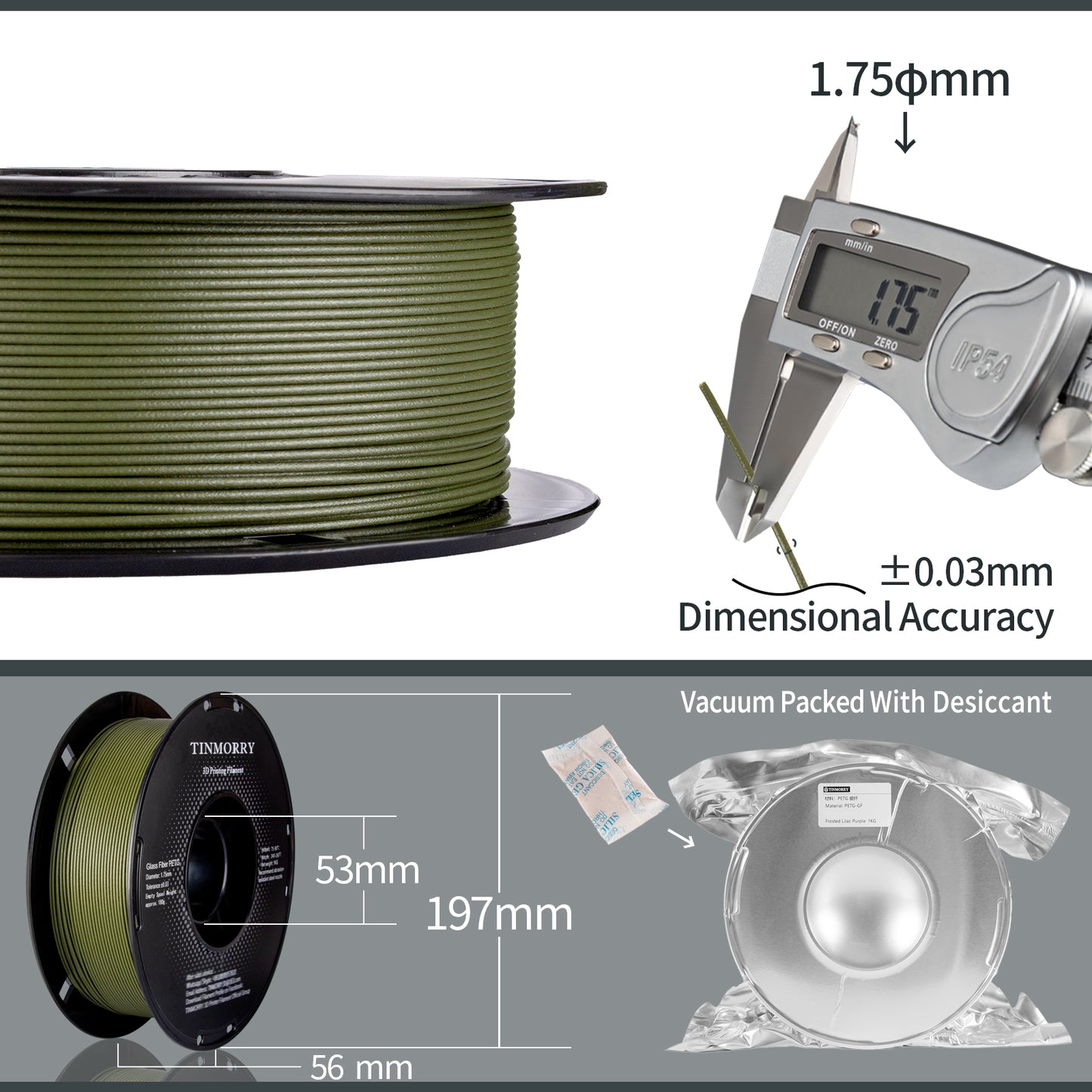 TINMORRY Glasfaserverstärktes PETG-Filament, hochschlagfestes PETG-GF-3D-Druckfilament, Haltbarkeit und Steifheit, perfekt kompatibel mit Bambu Lab FDM-3D-Drucker, 1 kg, 1 Spule, Frosted Dunkelgrün