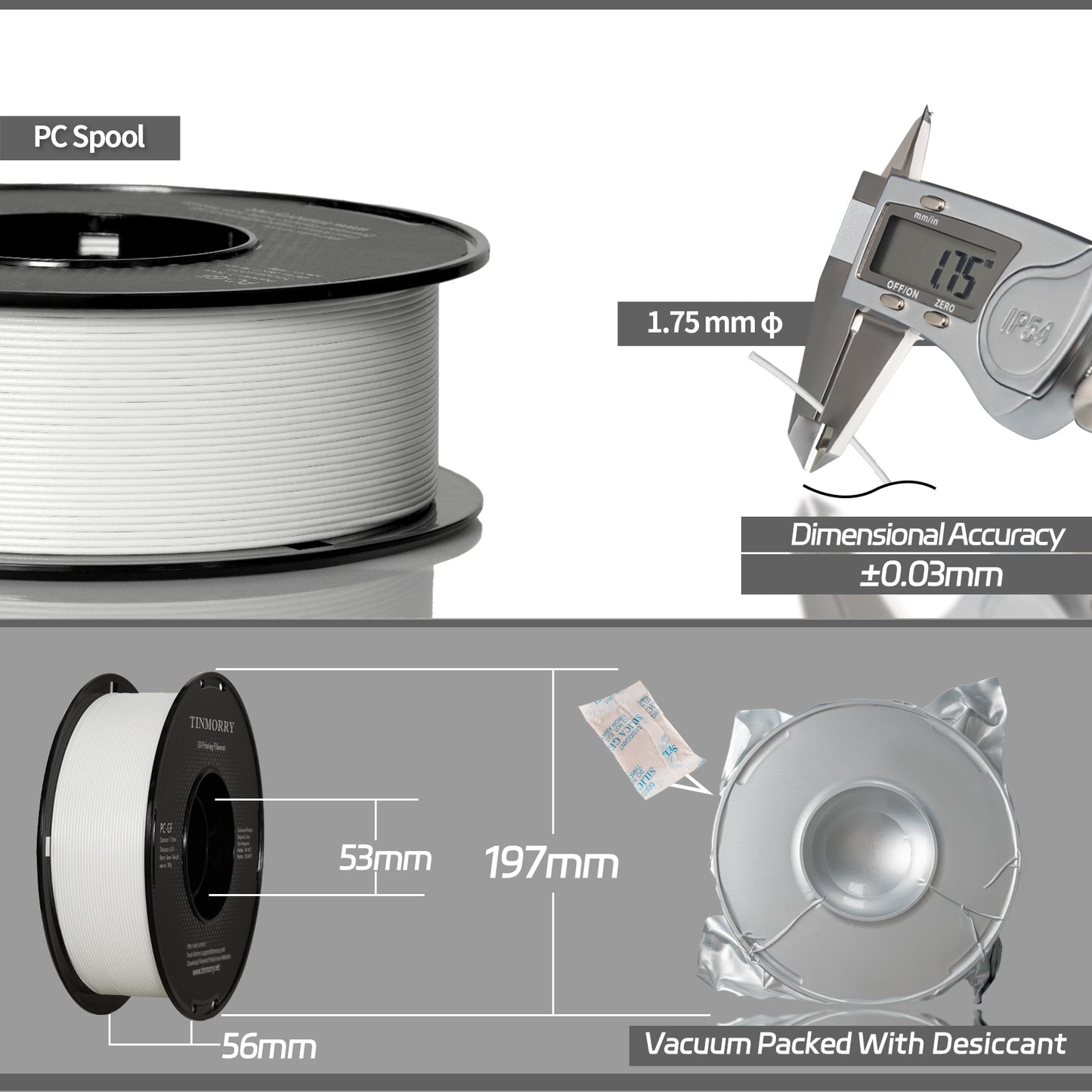 Glass Fiber PC 3D Printer Filament 1.75mm, 1 KG, Frosted White