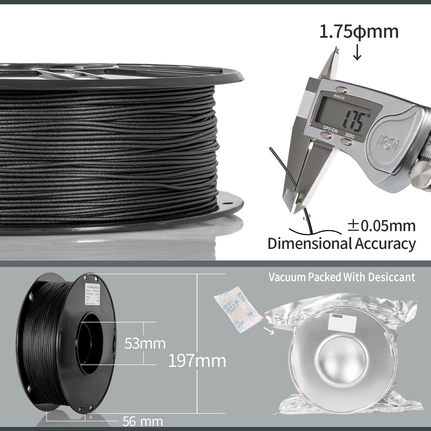 Glass Fiber TPU Filament 1.75mm, 1 KG, Frosted Black