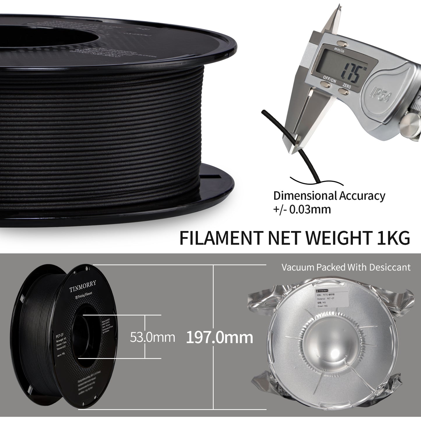 Carbon Fiber PET 3D Printer Filament 1.75mm, 1 KG, Matte Black