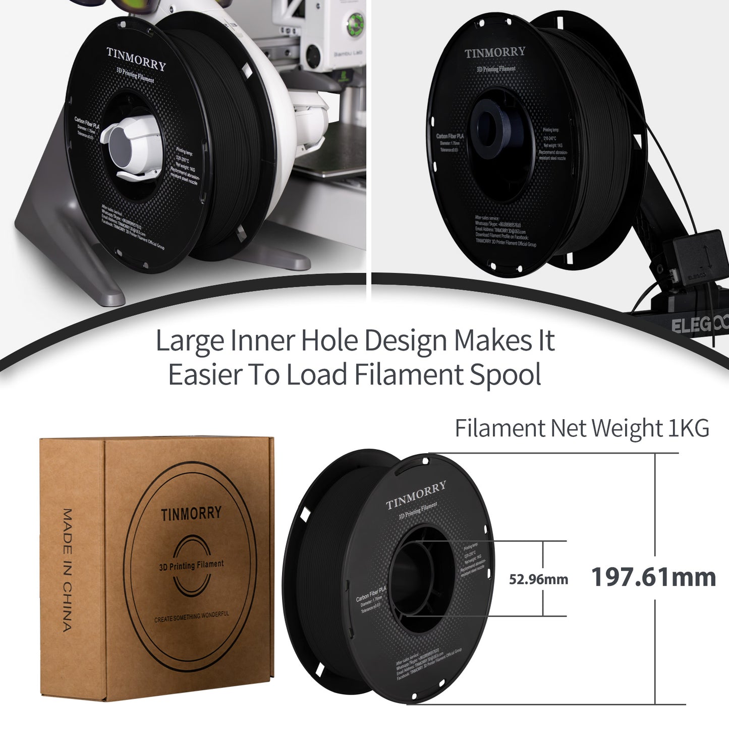 Carbon Fiber PLA 3D Printer Filament 1.75mm, 1 KG, Black