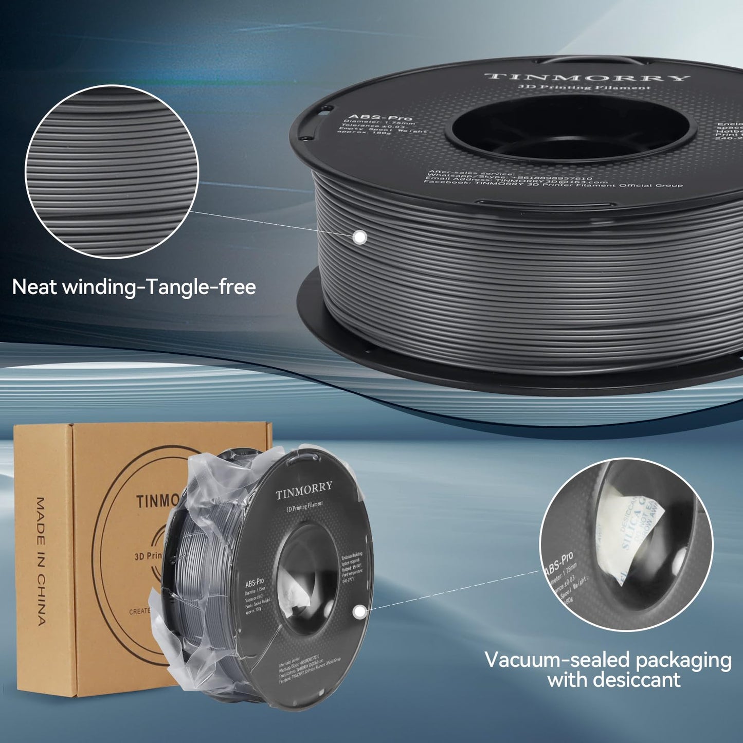 ABS-Pro 3D Printer Filament 1.75mm, 1 KG, Cool Grey