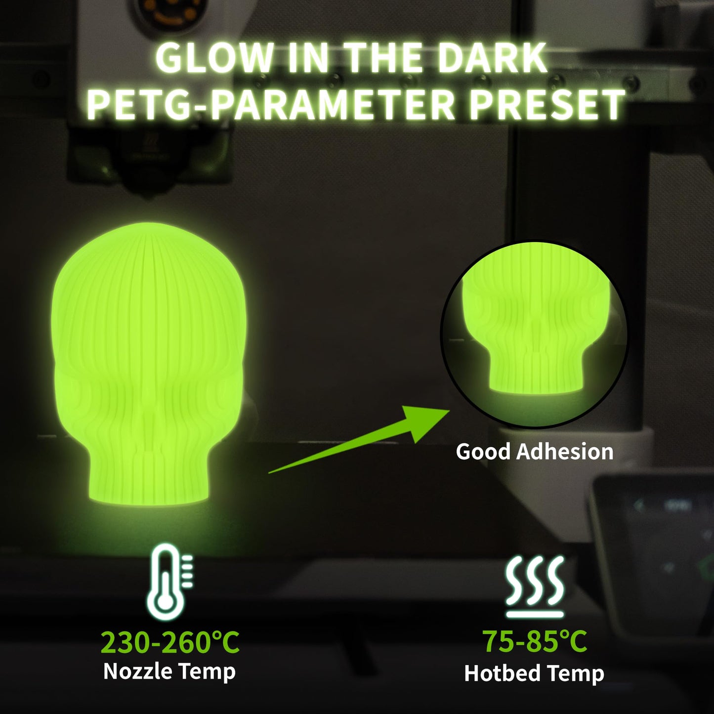 Glowing PETG 3D Printer Filament 1.75mm, 1 KG, Glow Yellow Green