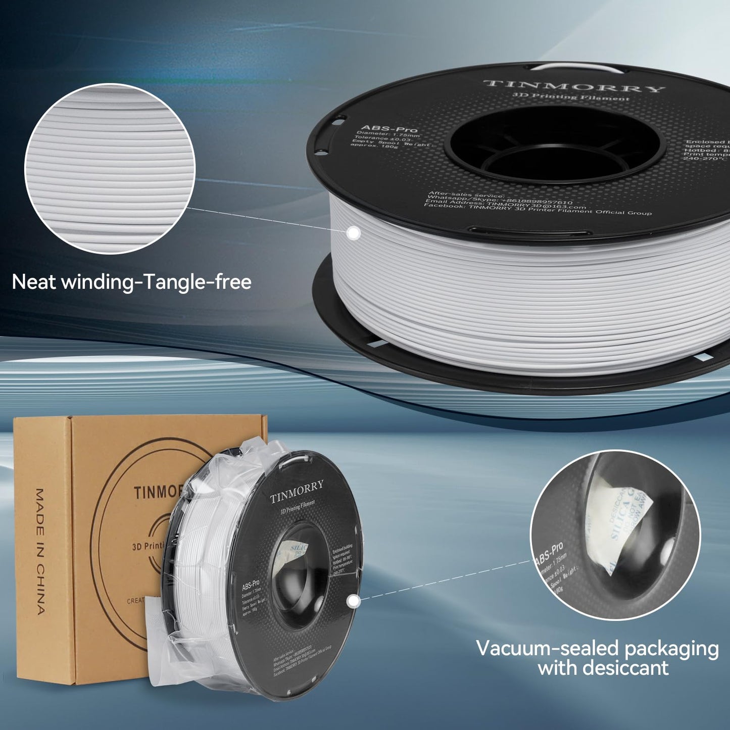 TINMORRY ABS Filament 1.75mm, ABS (Pro) 3D Drucker Filament 1KG, gute Hitzebeständigkeit, stark & haltbar, Maßgenauigkeit ±0.03mm, kühles Weiß 