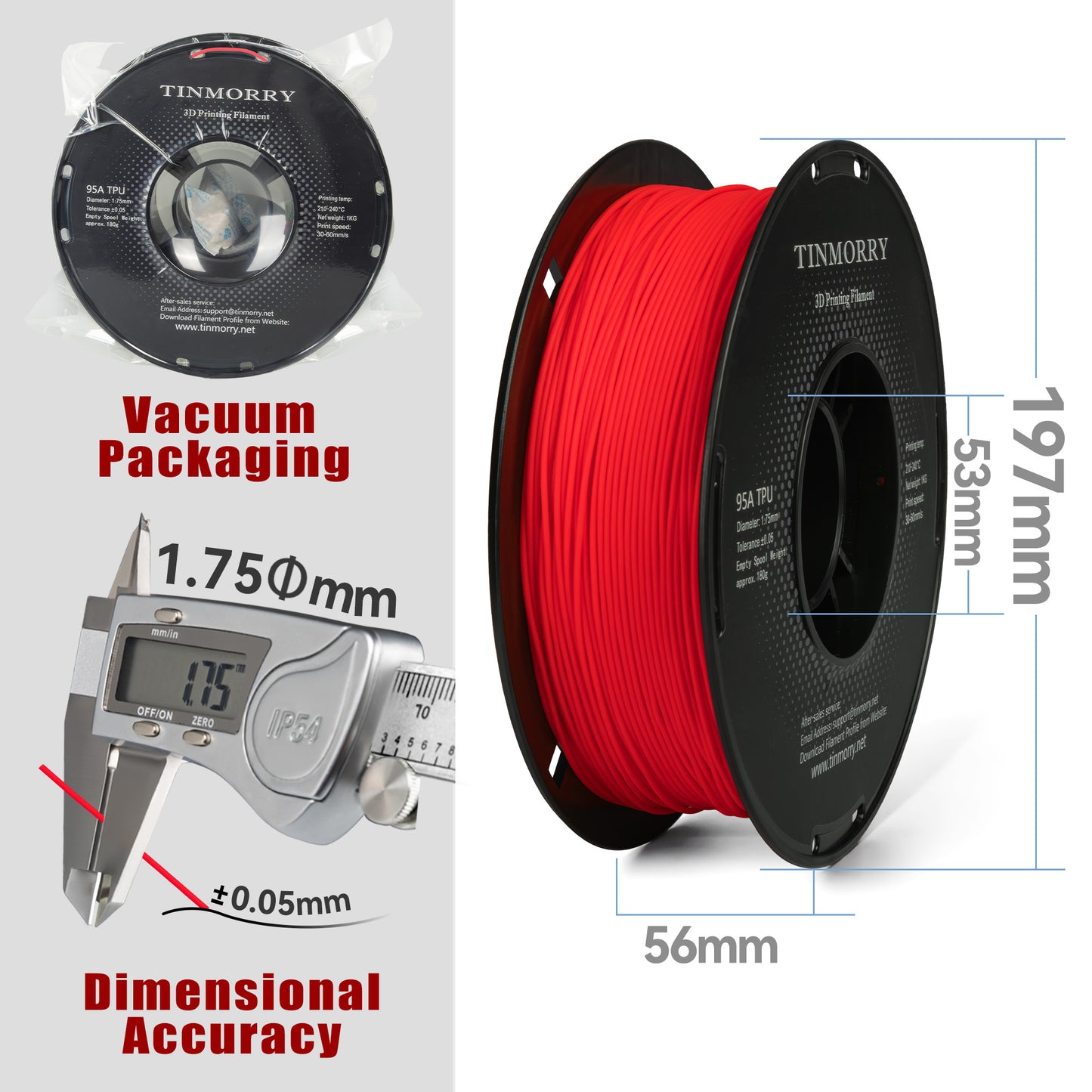 95A TPU 3D Printer Filament 1.75mm, 1 KG, Fluorescent Red