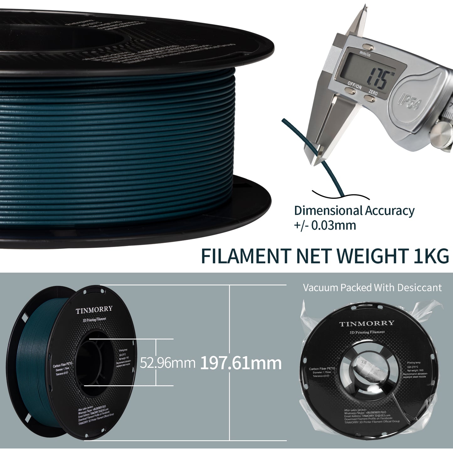 Carbon Fiber PETG 3D Printer Filament 1.75mm, 1 KG, Peacock Green