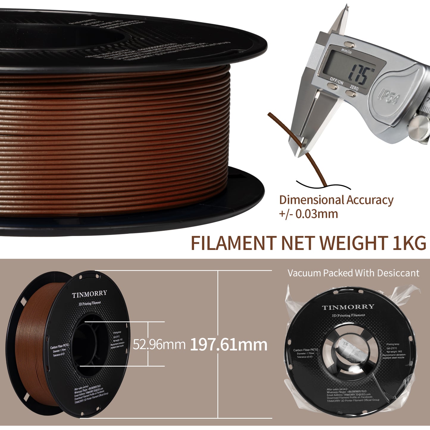 Carbon Fiber PETG 3D Printer Filament 1.75mm, 1 KG, Brick Red