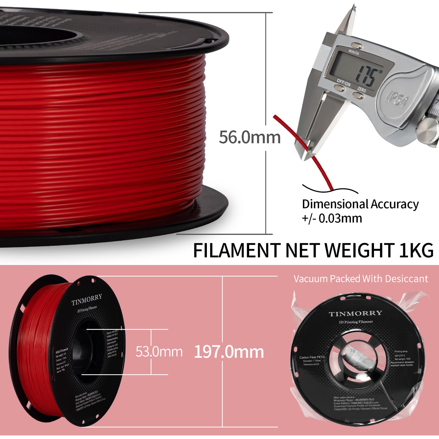 ASA 3D Printer Filament 1.75mm, 1 KG, Red