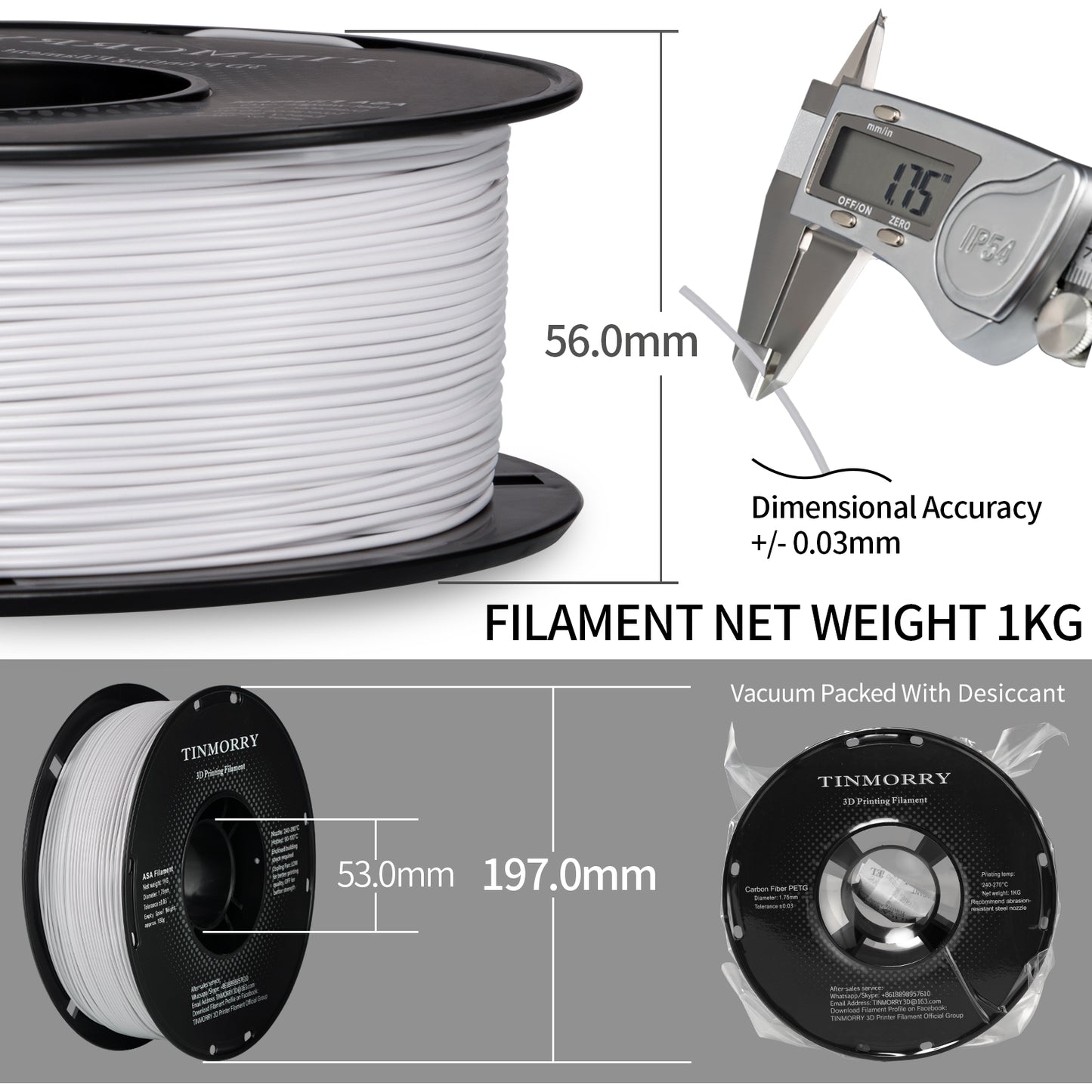 ASA 3D Printer Filament 1.75mm, 1 KG, White