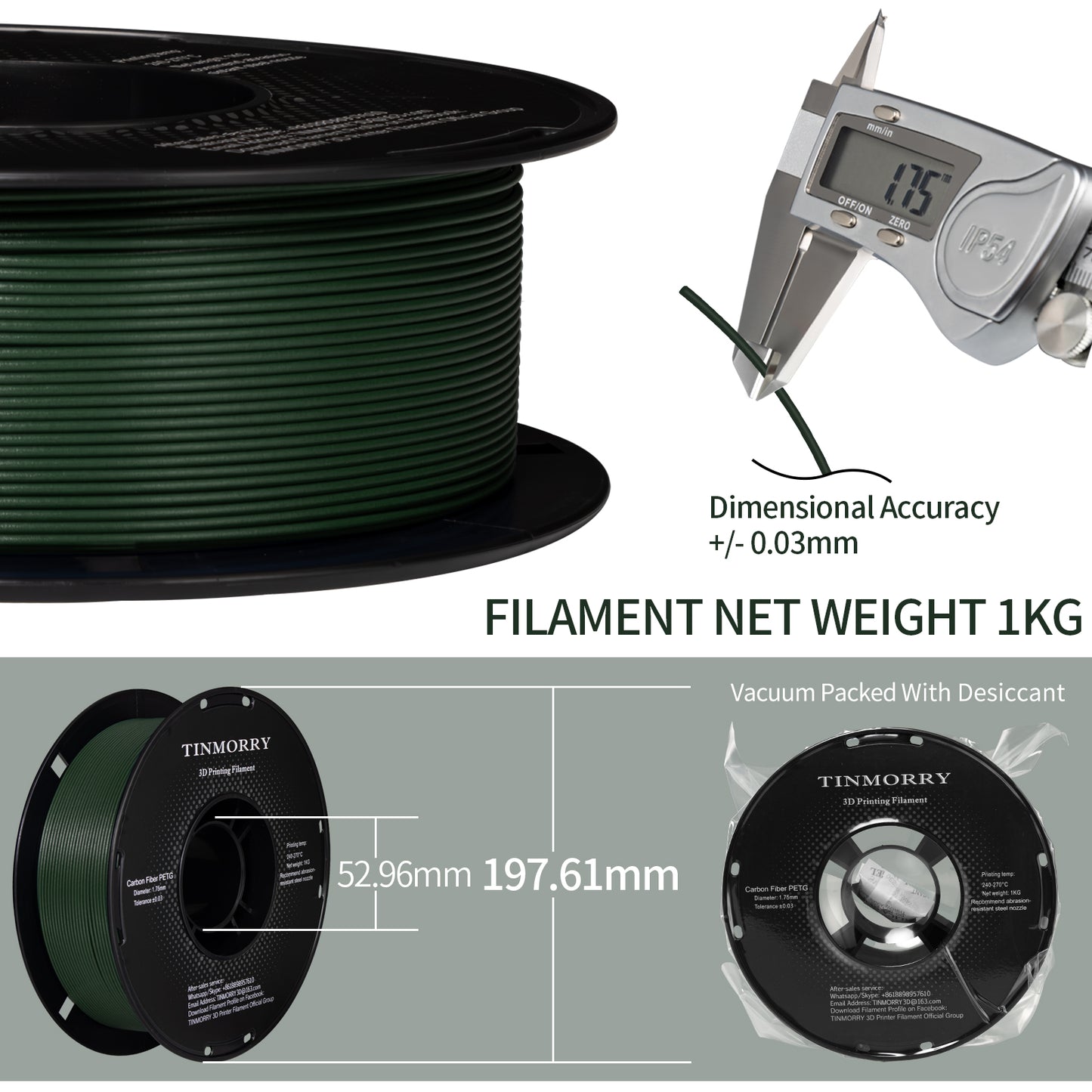 Carbon Fiber PETG 3D Printer Filament 1.75mm, 1 KG, Olive Green