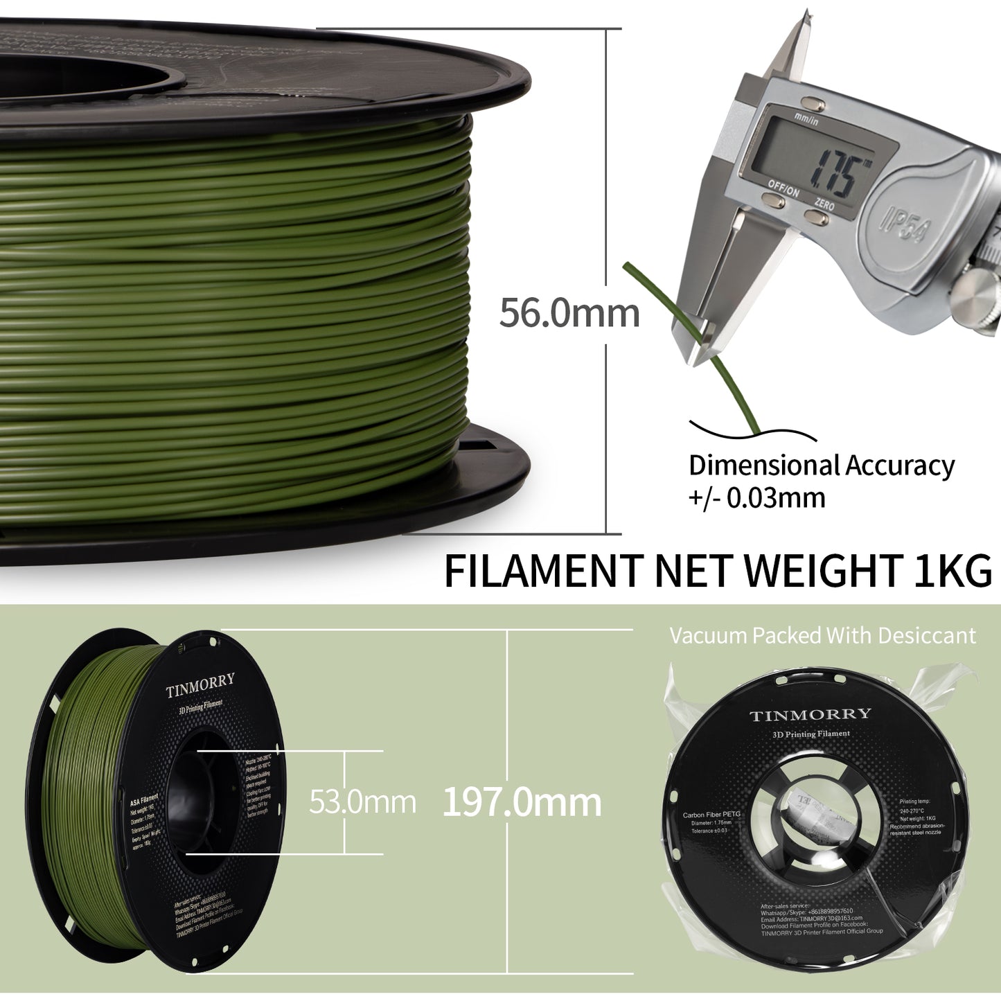 ASA 3D Printer Filament 1.75mm, 1 KG, Olive Green