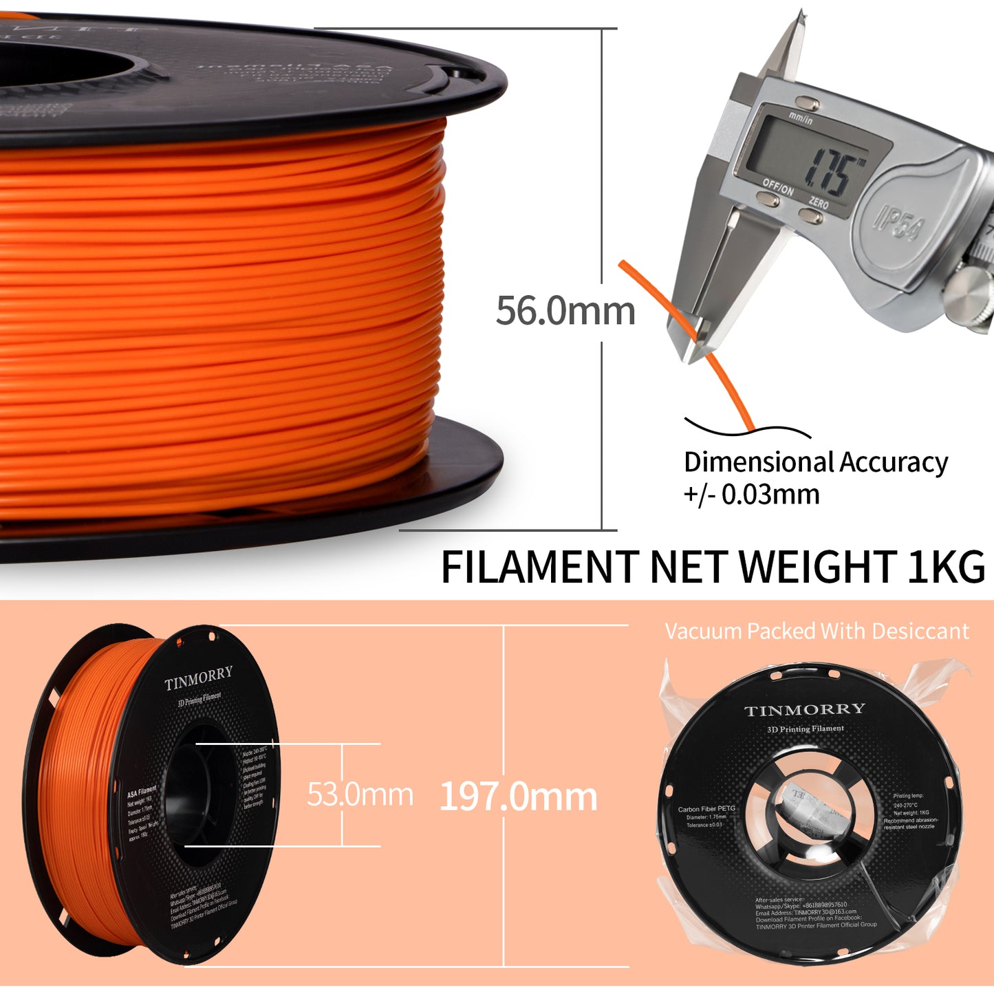 ASA 3D Printer Filament 1.75mm, 1 KG, Orange
