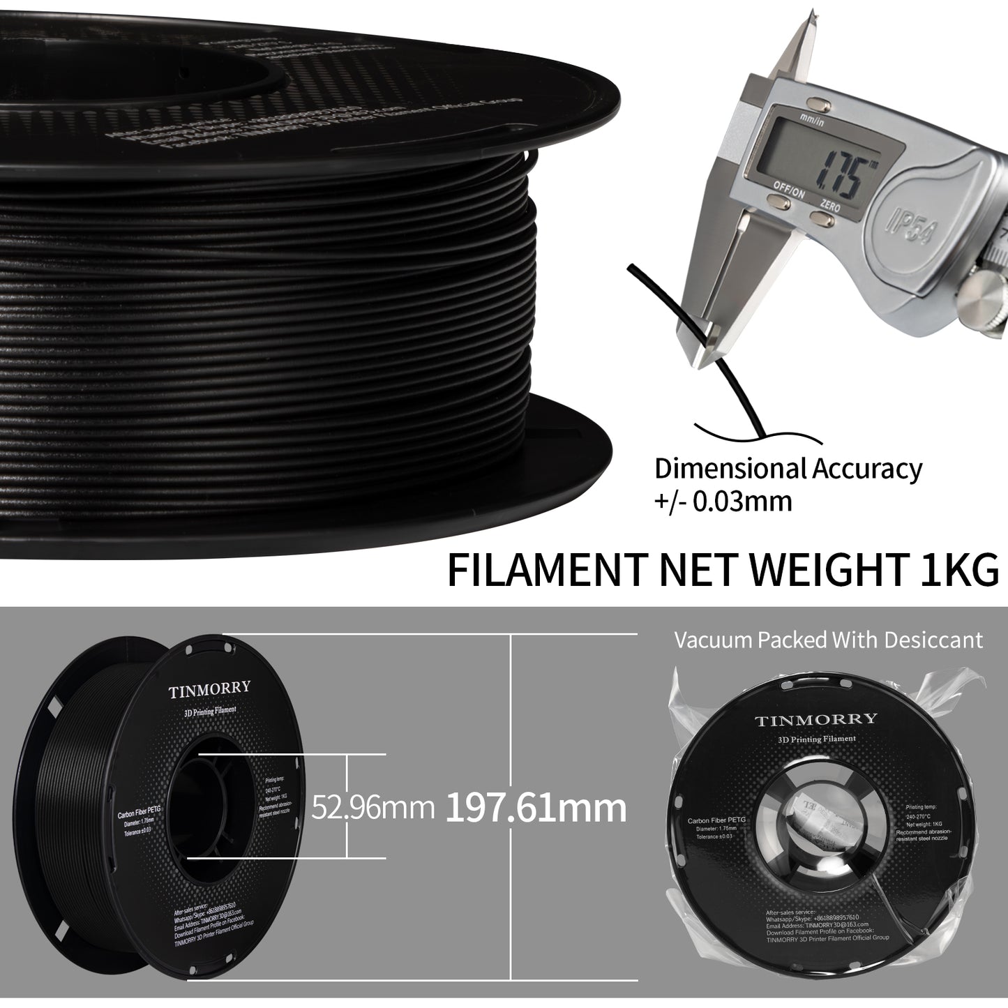 Carbon Fiber PETG 3D Printer Filament 1.75mm, 1 KG, Black